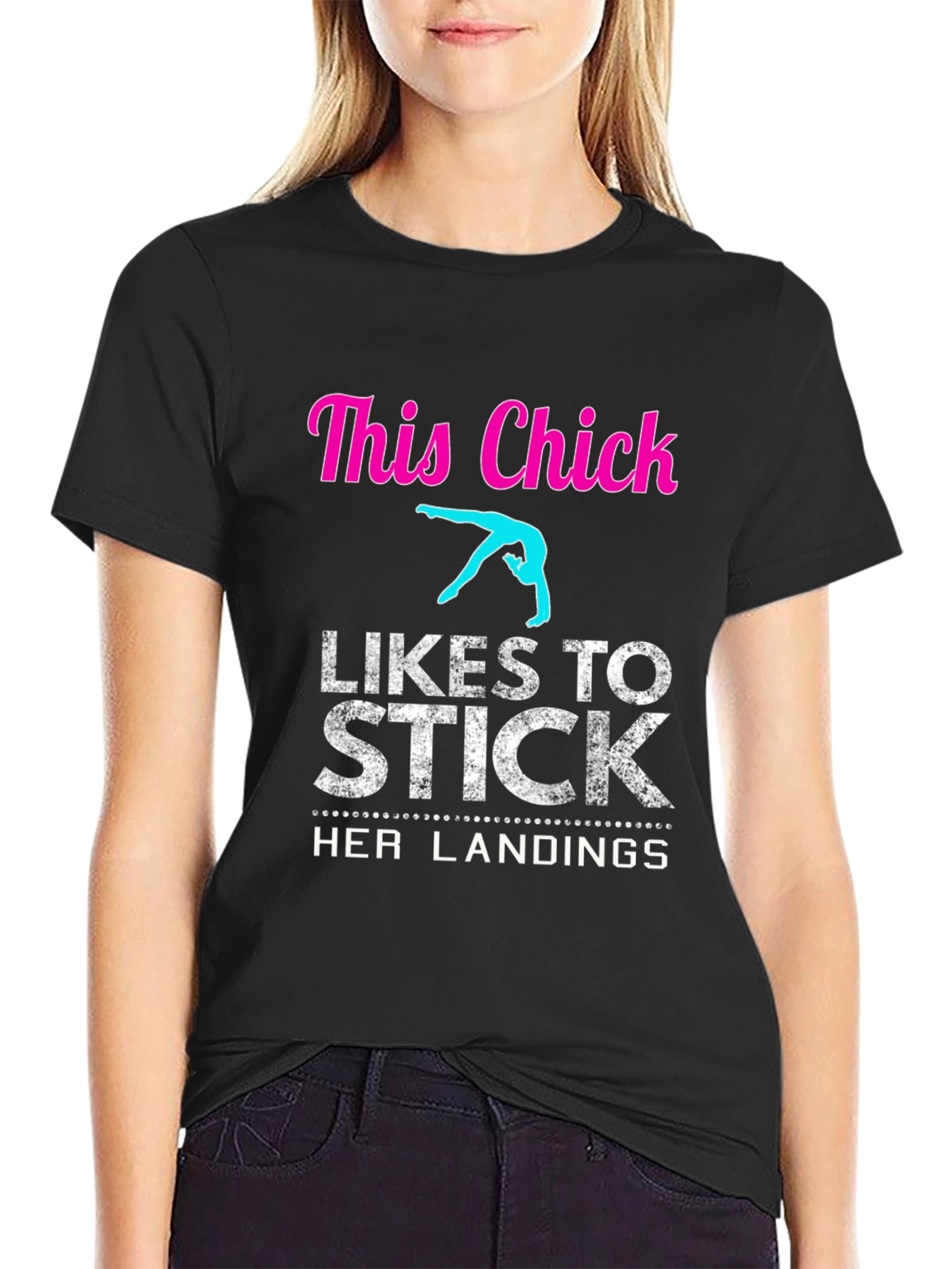 Black Gymnastics T-Shirt - This Chick Likes to Stick Landings view 2