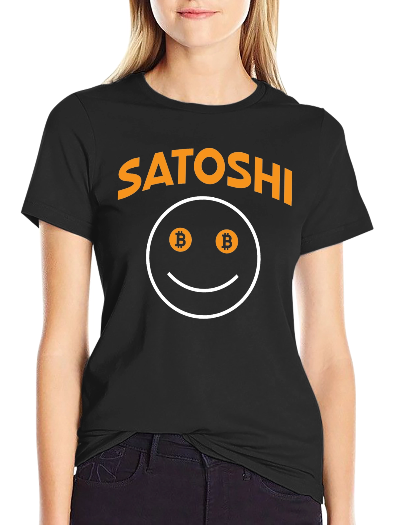 Black Satoshi Bitcoin Smiley Face Graphic Tee view 2