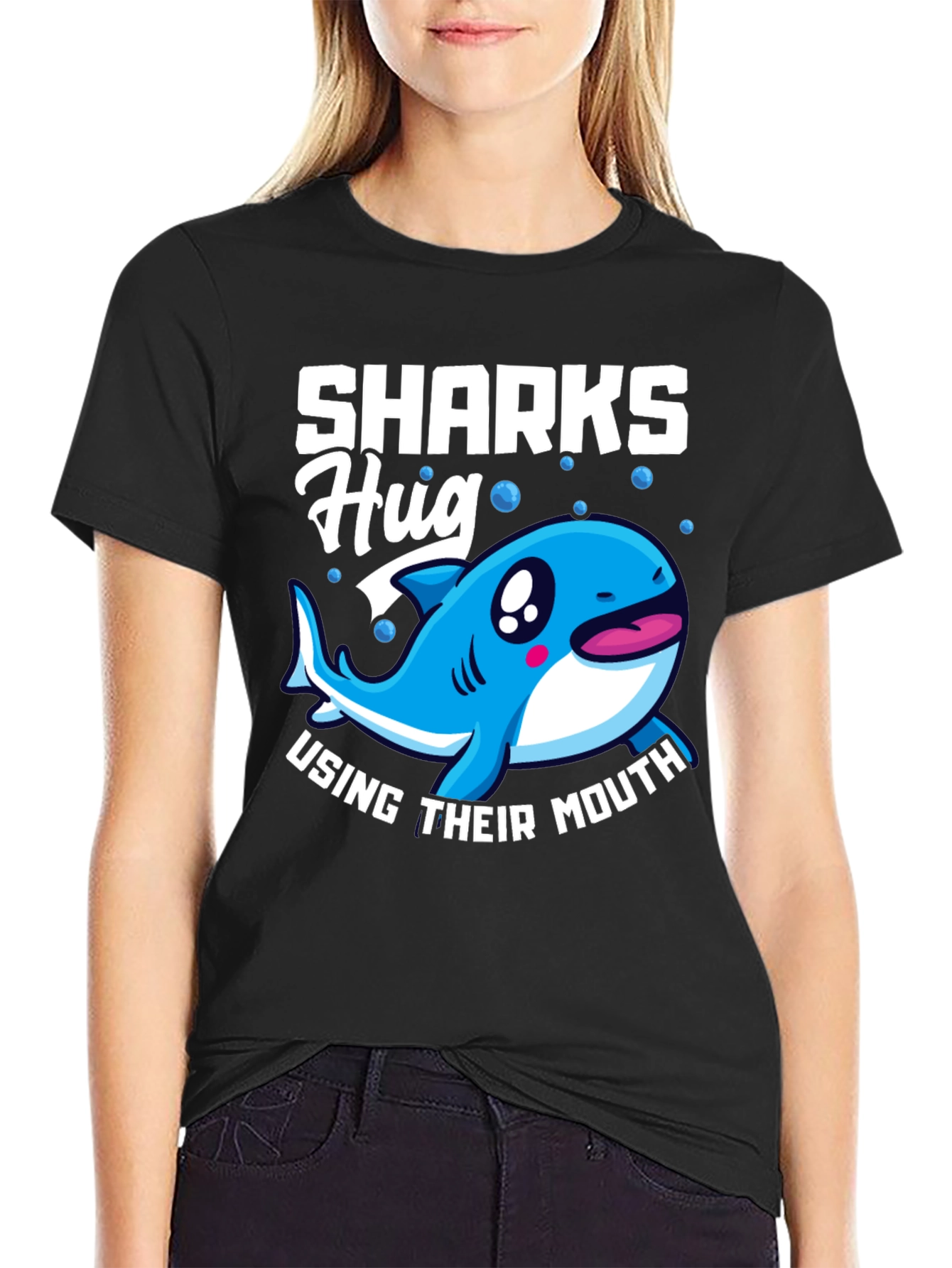 Black Sharks Hug with Their Mouth T-Shirt, Funny Animal Tee view 2
