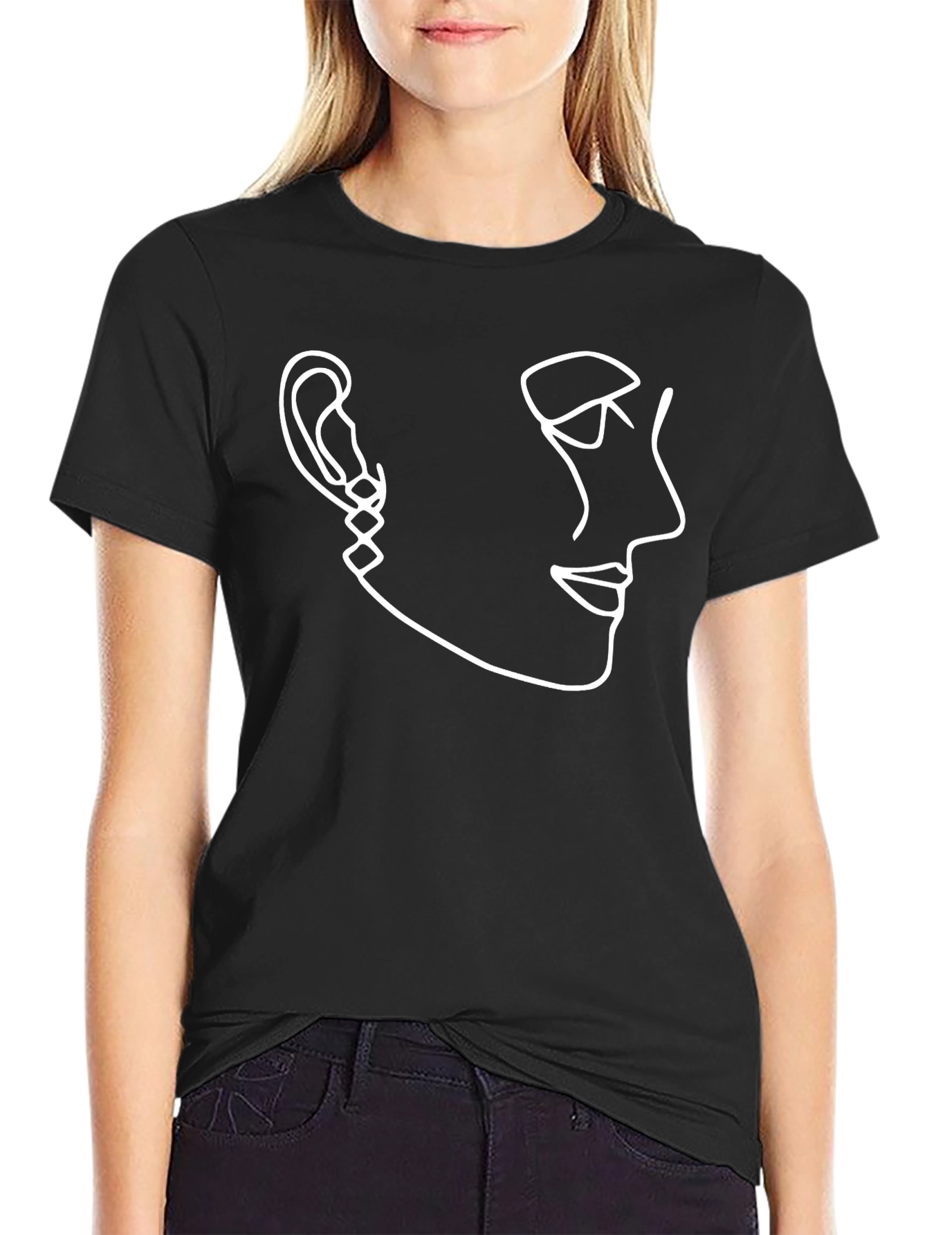 Black Abstract Face Line Art Graphic Tee - Black view 2