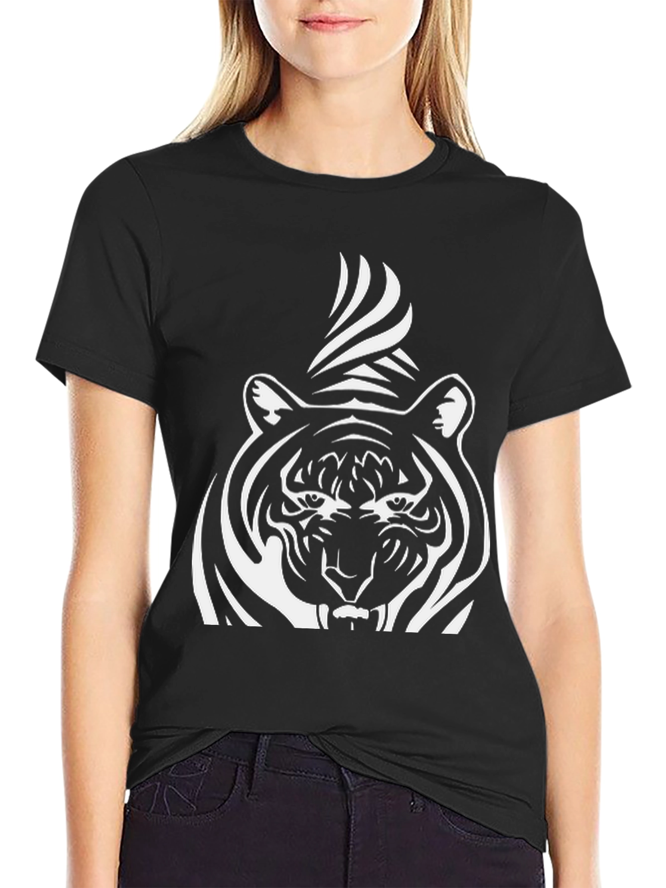 Black Striking Tiger Graphic Tee - Bold Black Cotton Shirt view 2