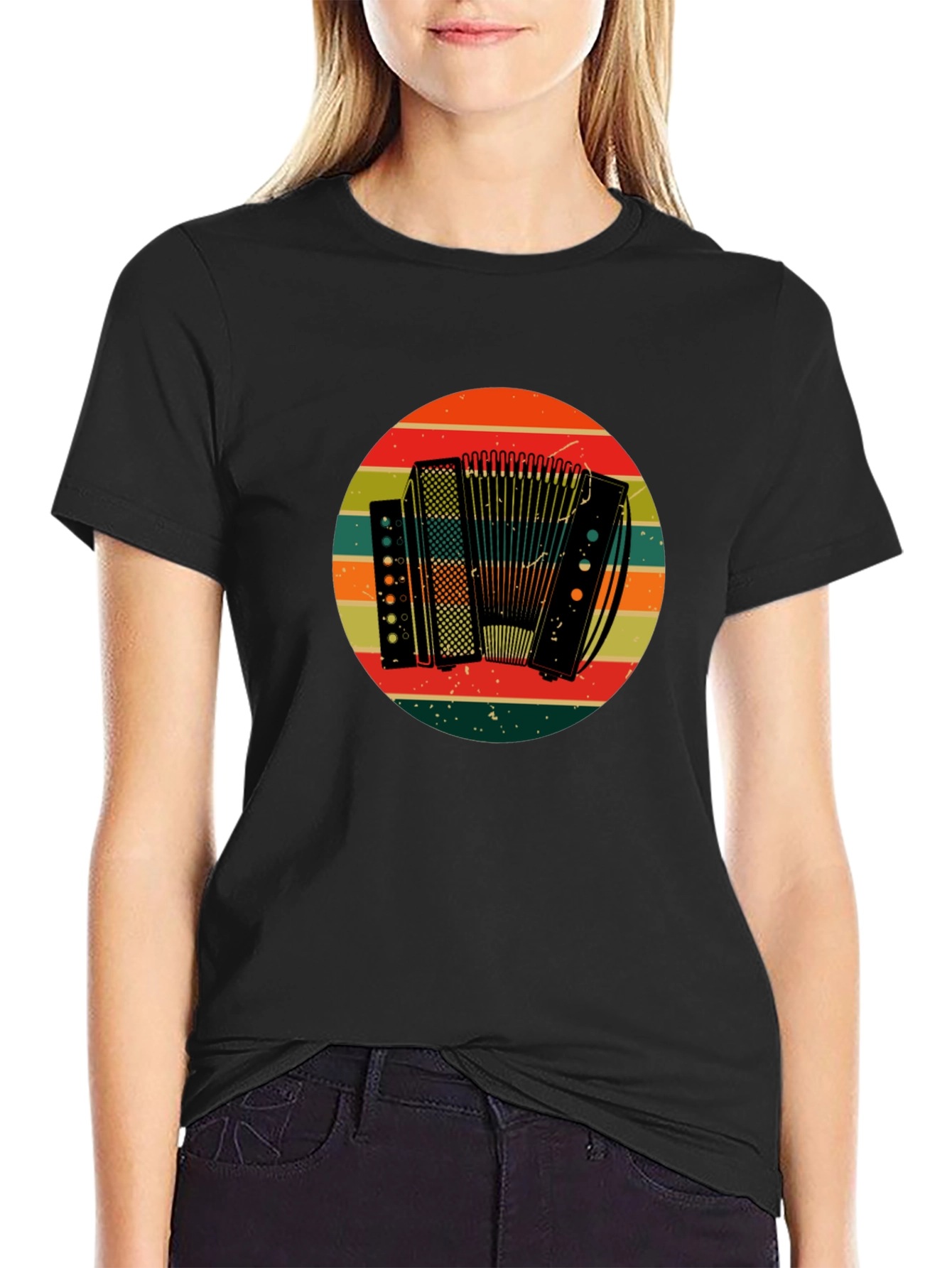 Black Vintage Accordion T-Shirt - Retro Style view 2