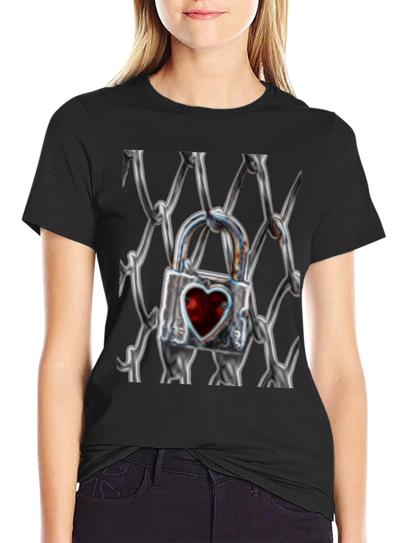 Black Heart Lock on Chains T-Shirt view 2