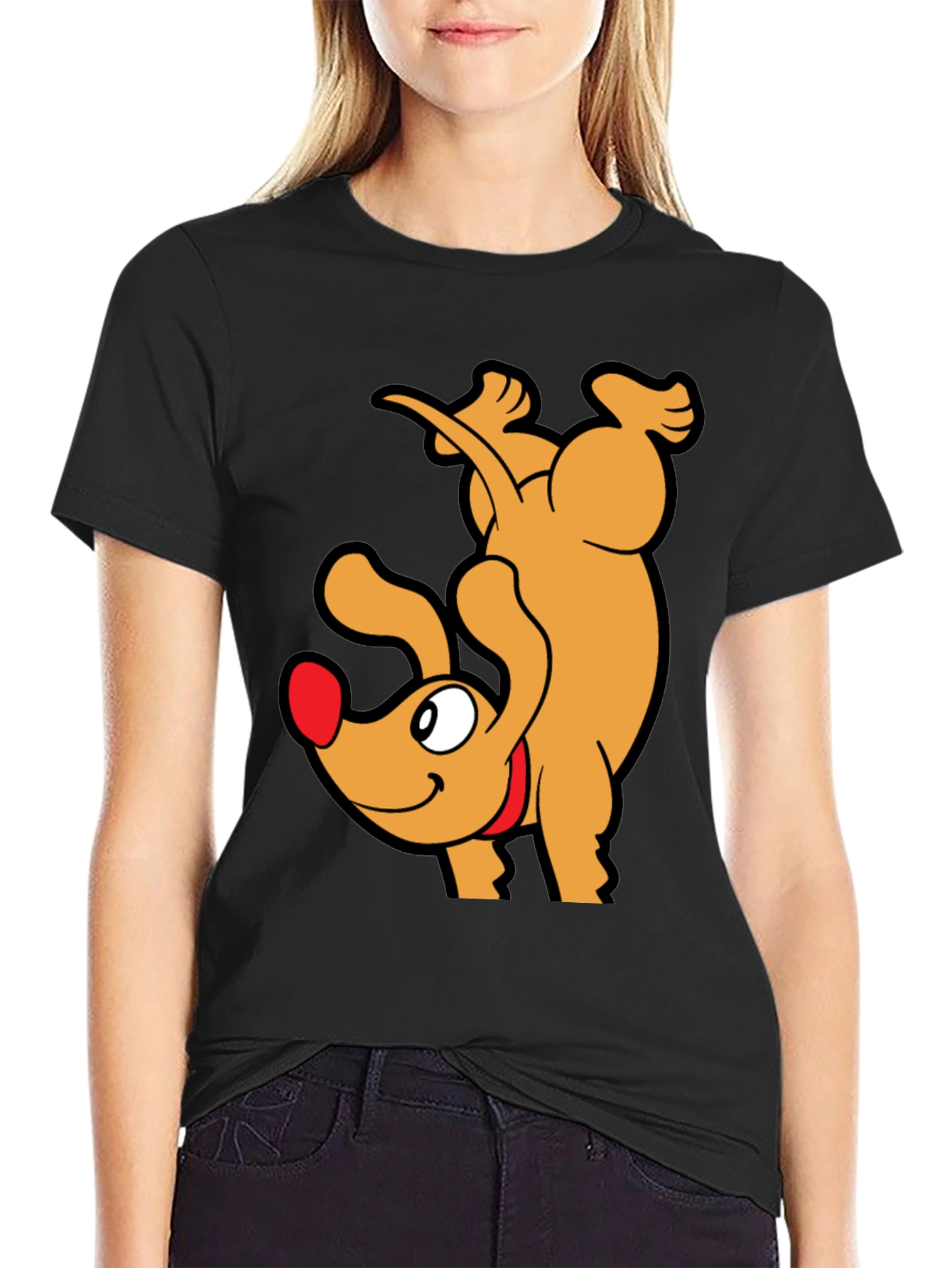 Black Upside Down Dog Cartoon Graphic T-Shirt view 2