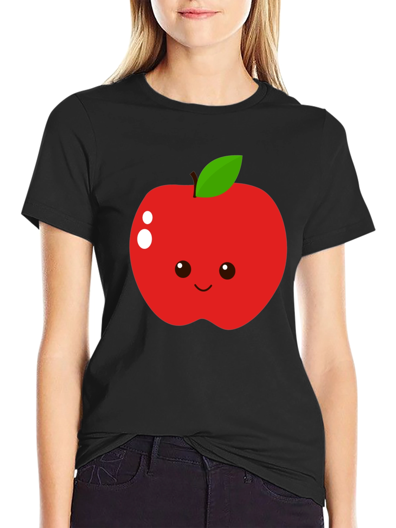 Black Cute Apple Graphic T-Shirt - Black Cotton Blend Tee view 2