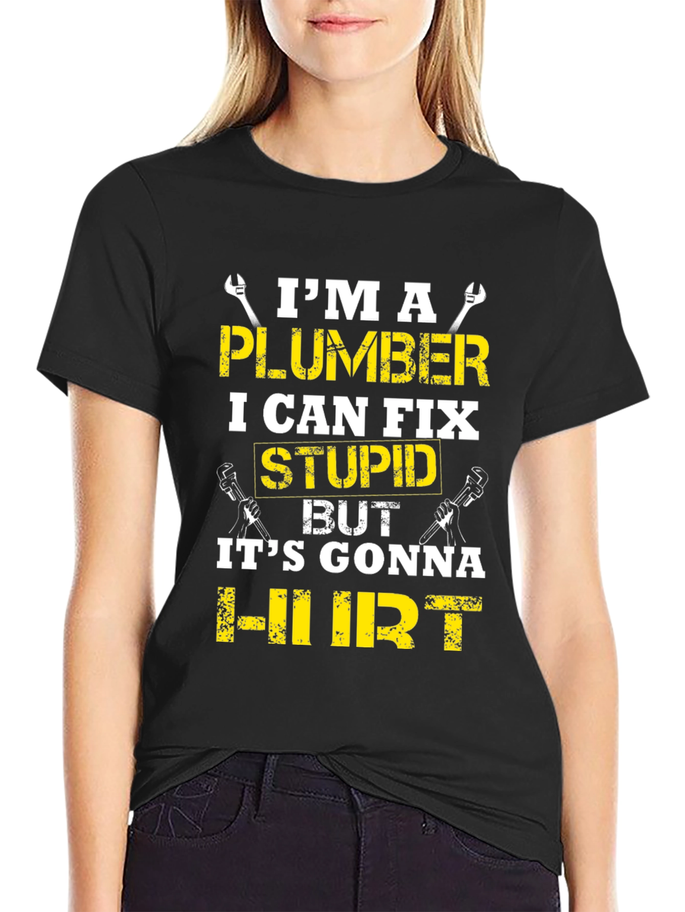 Black Plumber Humor T-Shirt: I Can Fix Stupid view 2