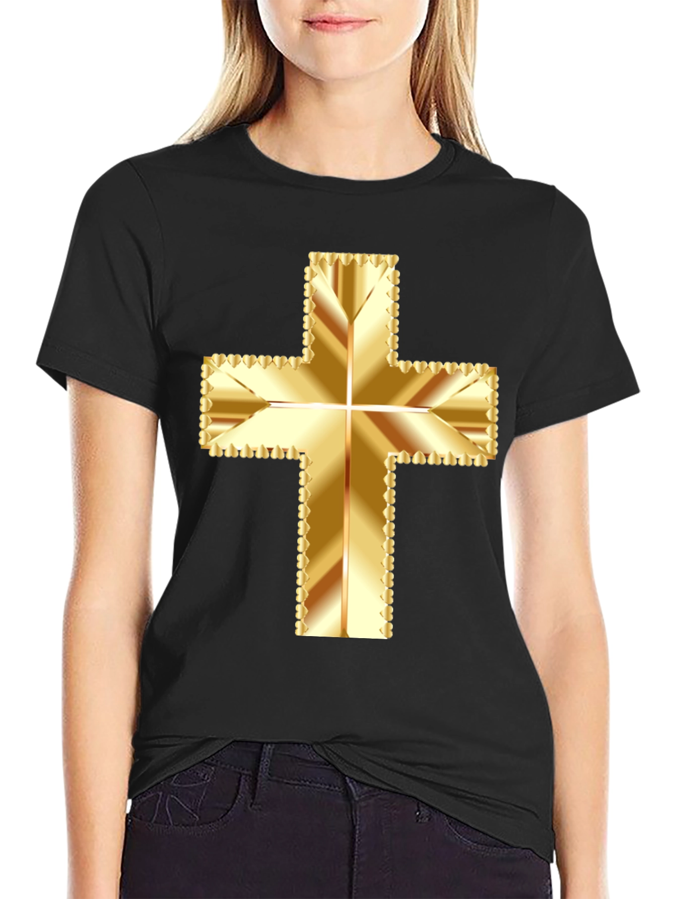 Black Golden Cross Graphic Tee - Stylish Religious Apparel view 2