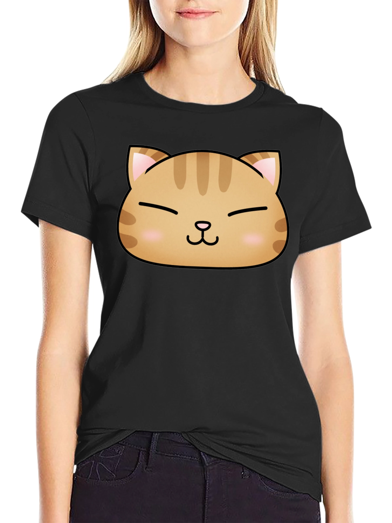 Black Cute Cat Face Graphic Print Black T-Shirt view 2