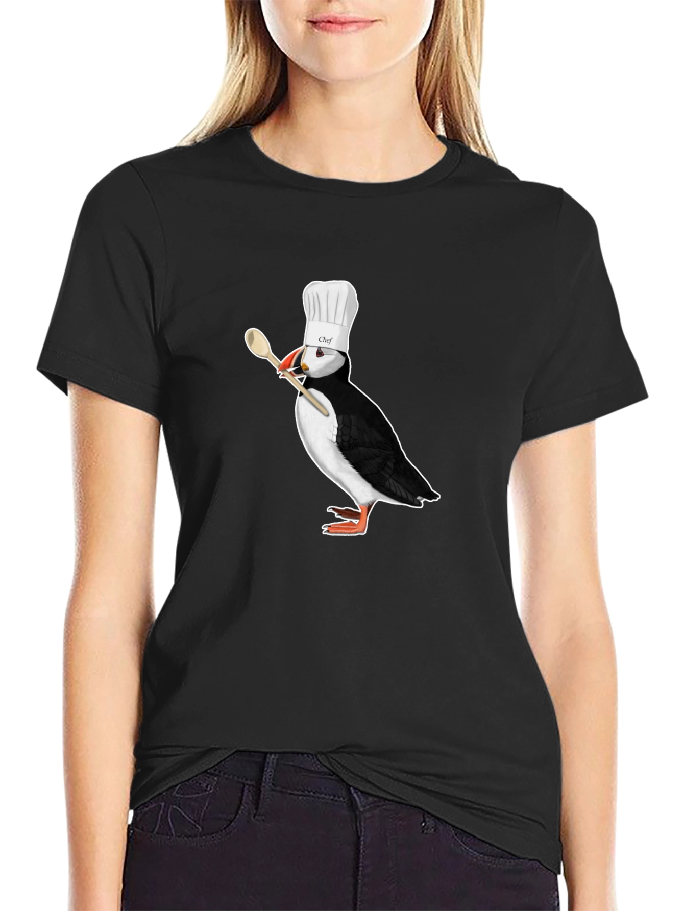Black Chef Puffin T-Shirt - Black Cotton Tee view 2