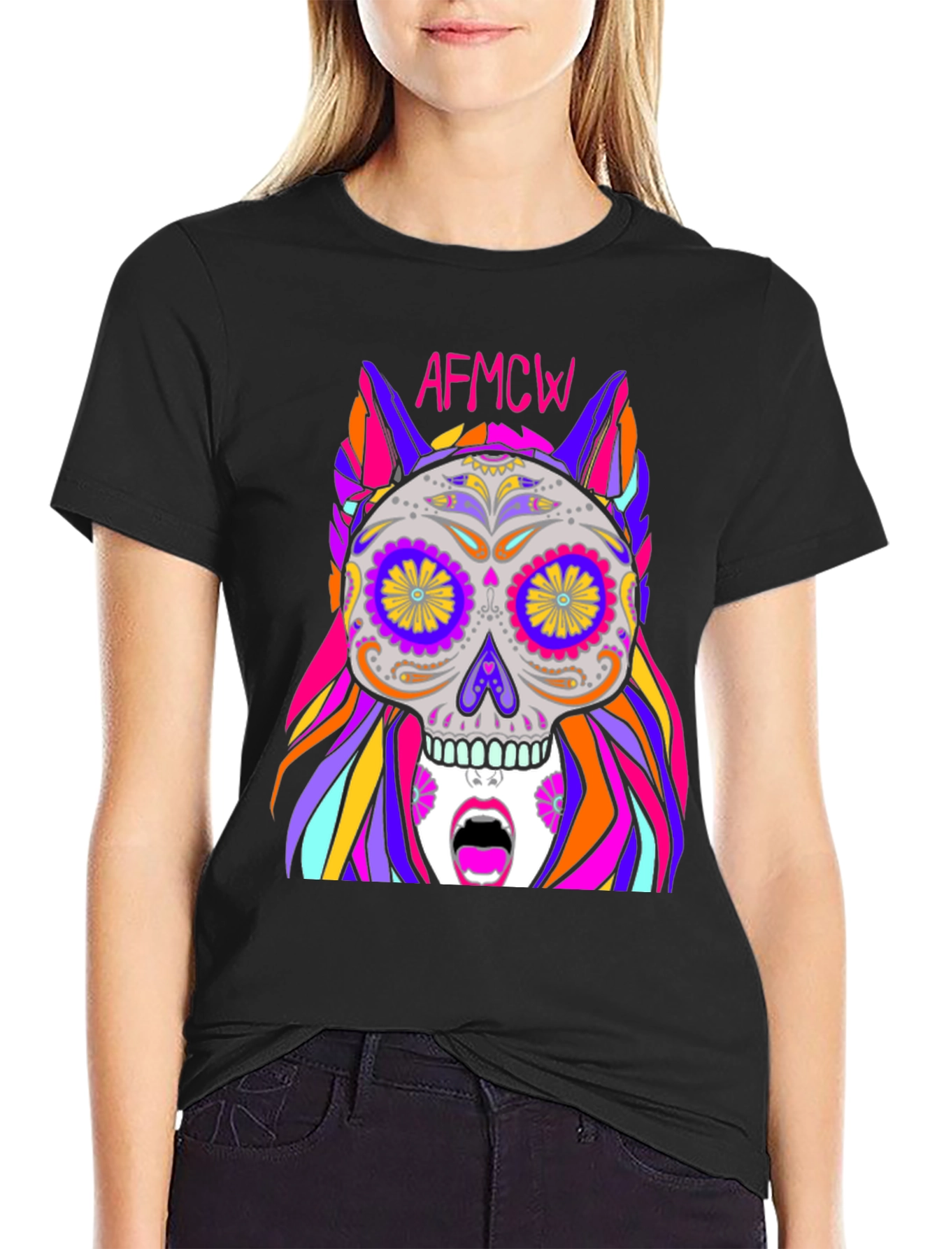 Black Colorful Sugar Skull Graphic Tee - Unique Design view 2