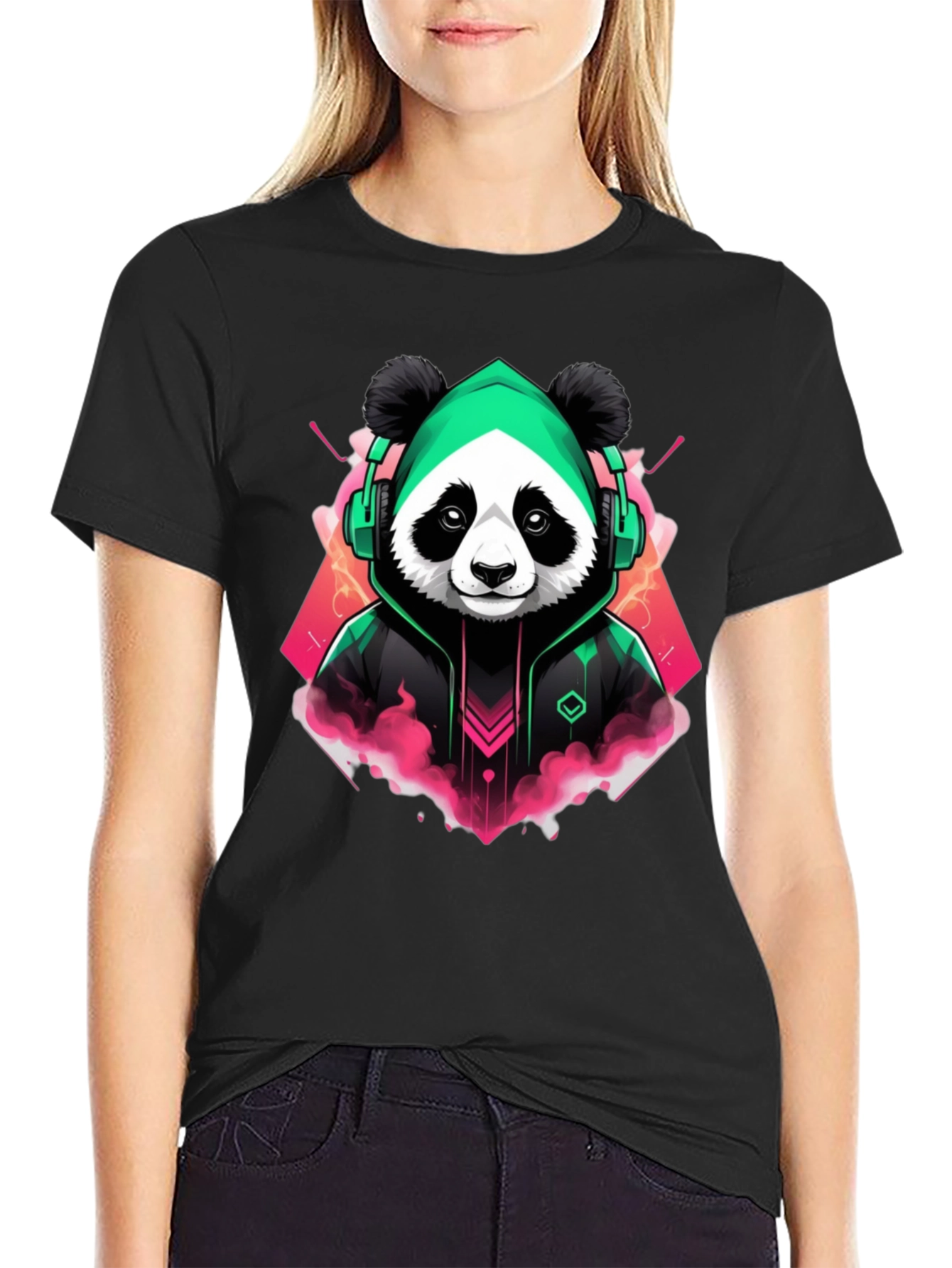 Black Cool Panda Gamer Graphic Tee - Black Cotton Blend view 2