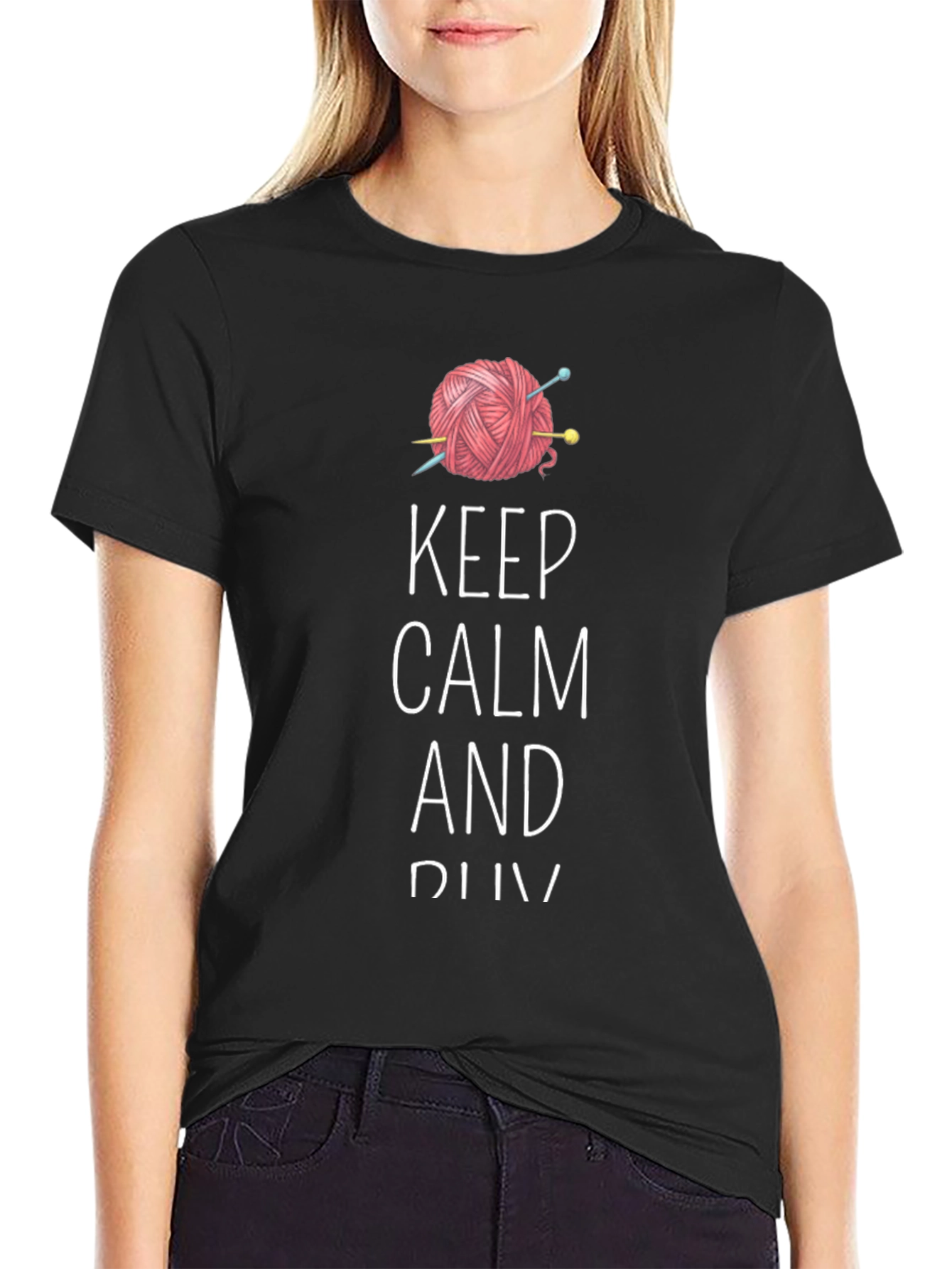 Black Keep Calm and Knit Tee - Yarn Lover's T-Shirt view 2