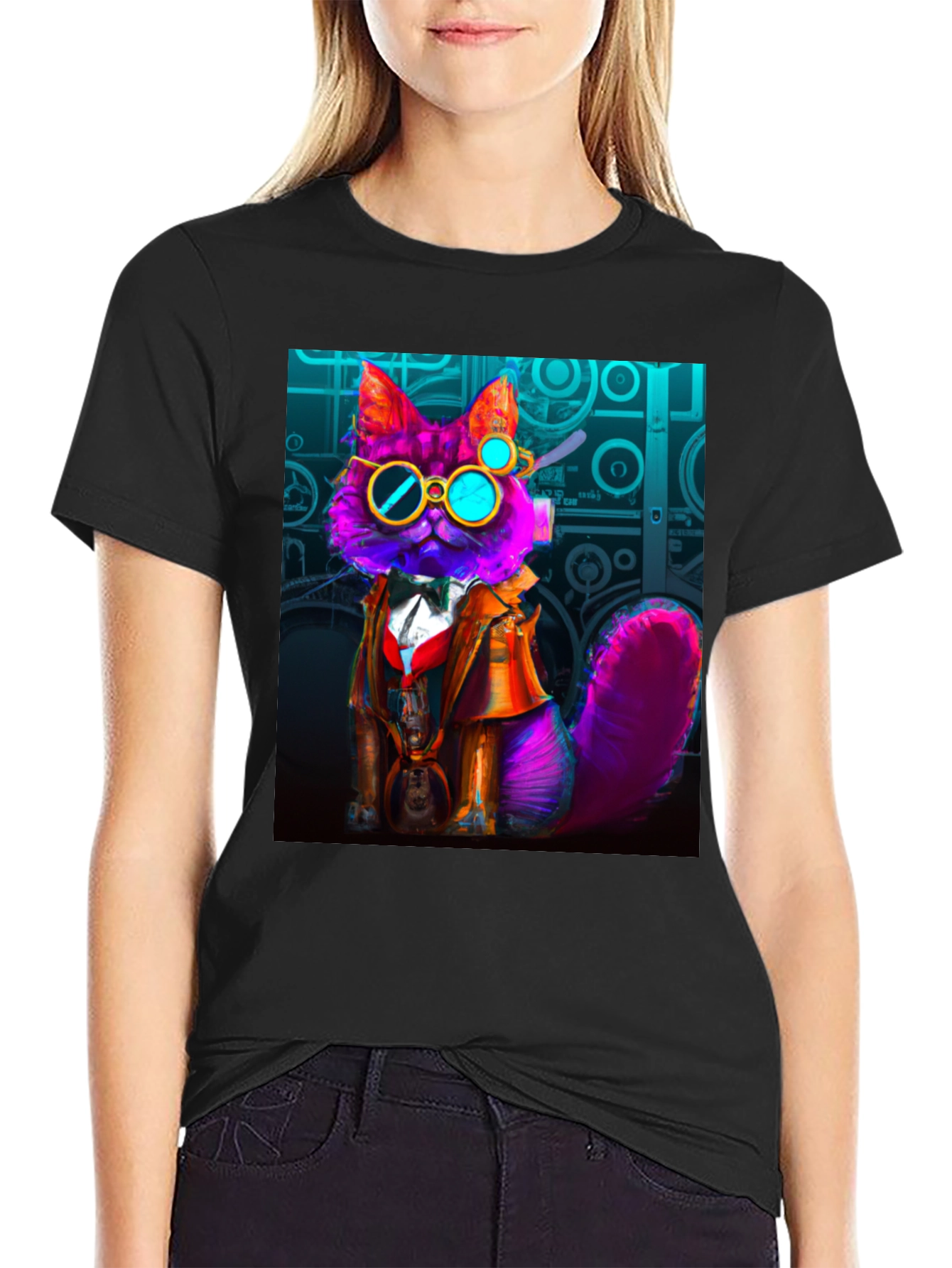 Black Steampunk Cat T-Shirt - Whimsical Fashion view 2
