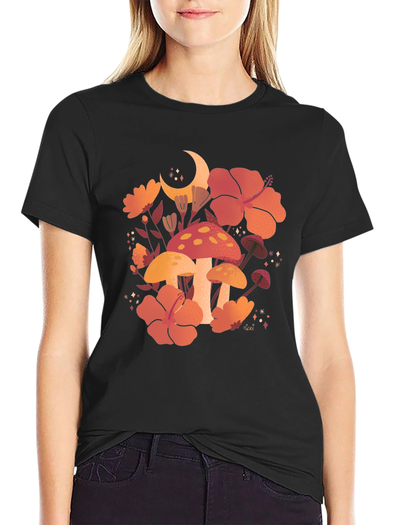 Black Mushroom Moon T-Shirt, Floral Graphic Tee view 2