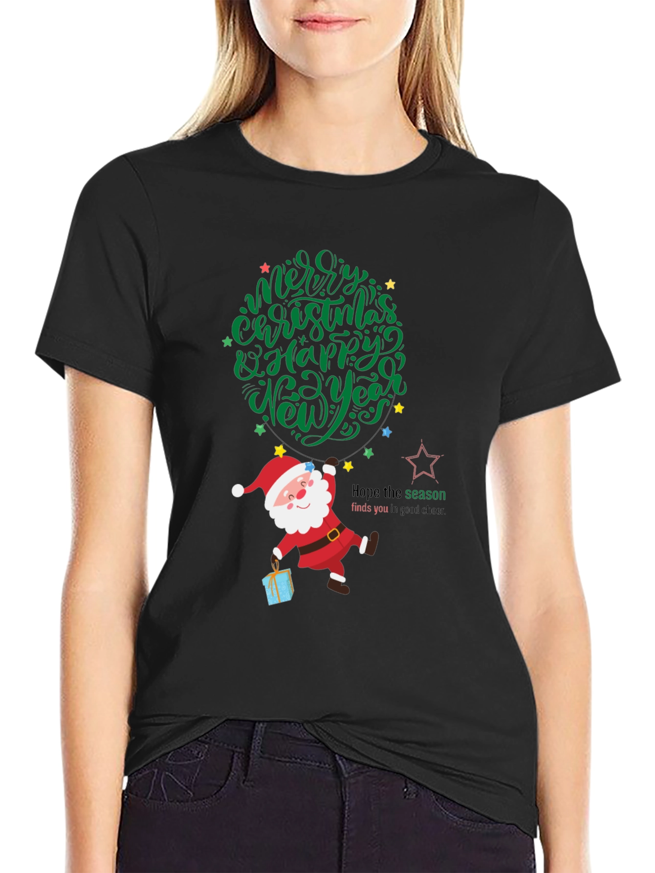 Black Festive Santa Graphic Tee - Merry Christmas & Happy New Year view 2