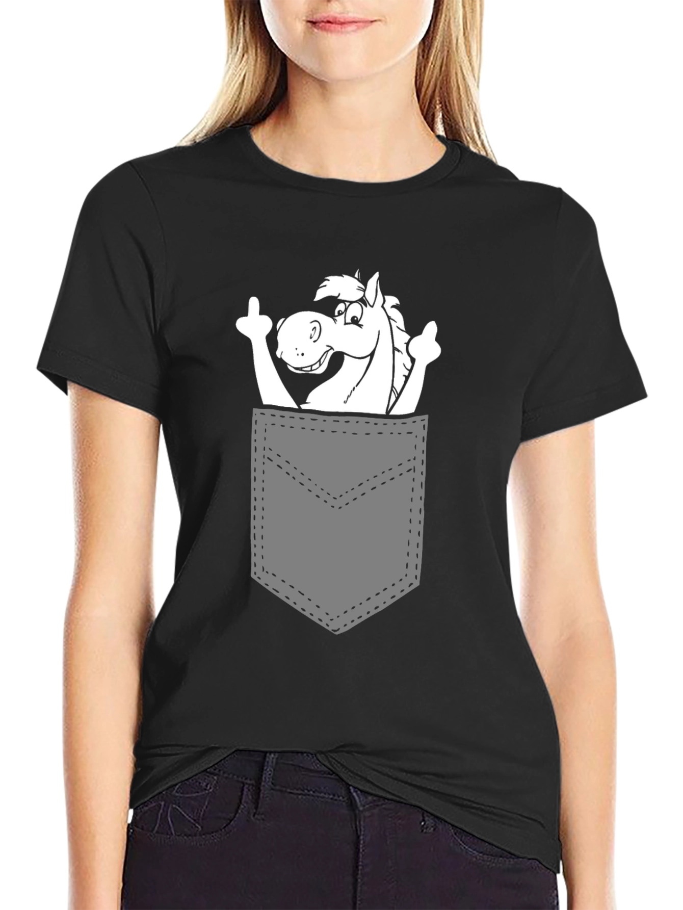 Black Horse in Pocket Graphic Tee - Quirky Black T-Shirt view 2