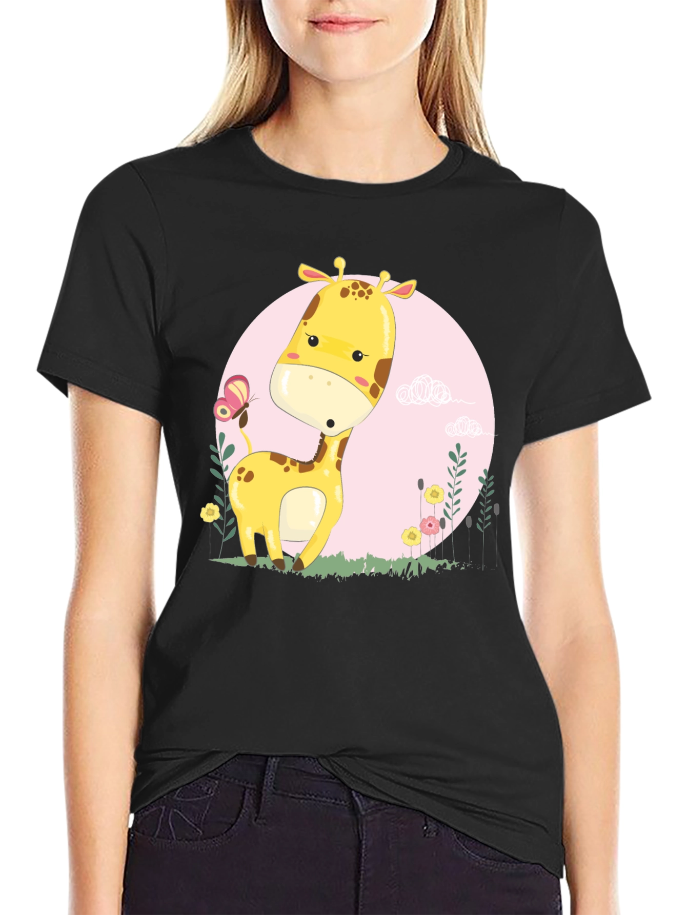 Black Cute Giraffe Cartoon Graphic Tee - Black view 2