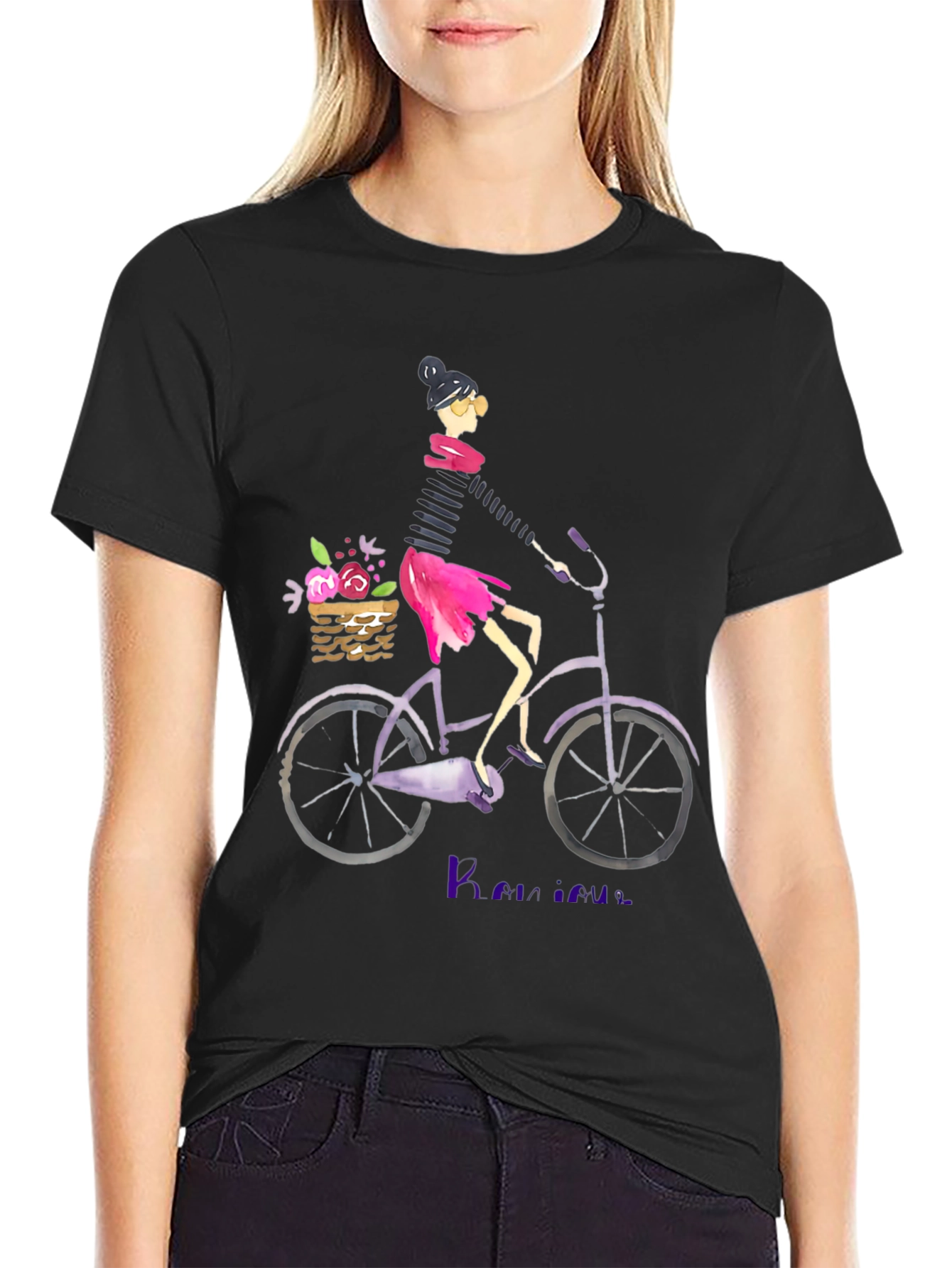 Black Woman on Bicycle Graphic Tee - Casual Black T-Shirt view 2