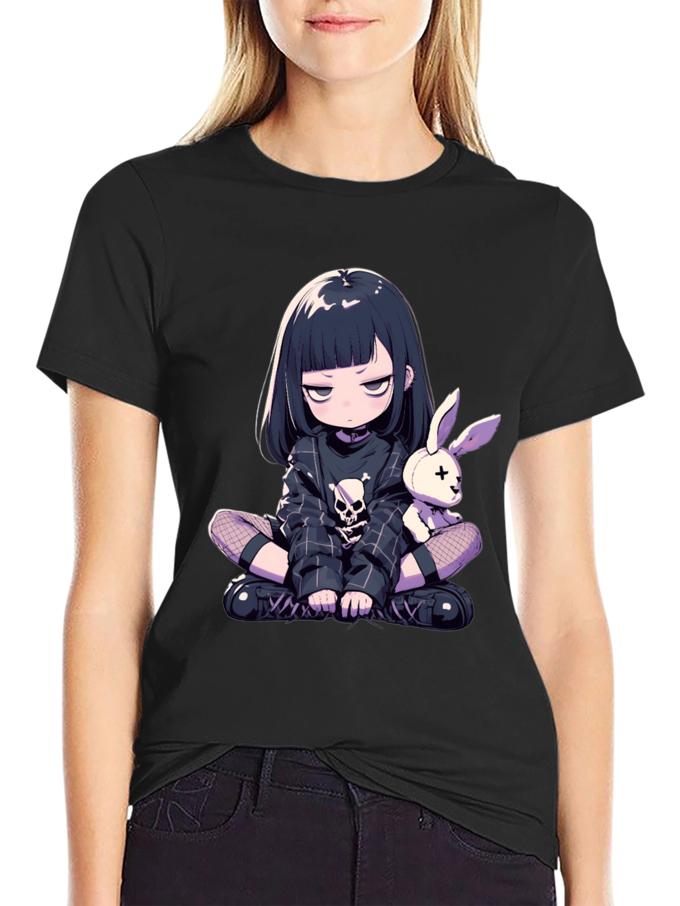 Black Anime Goth Girl T-Shirt view 2