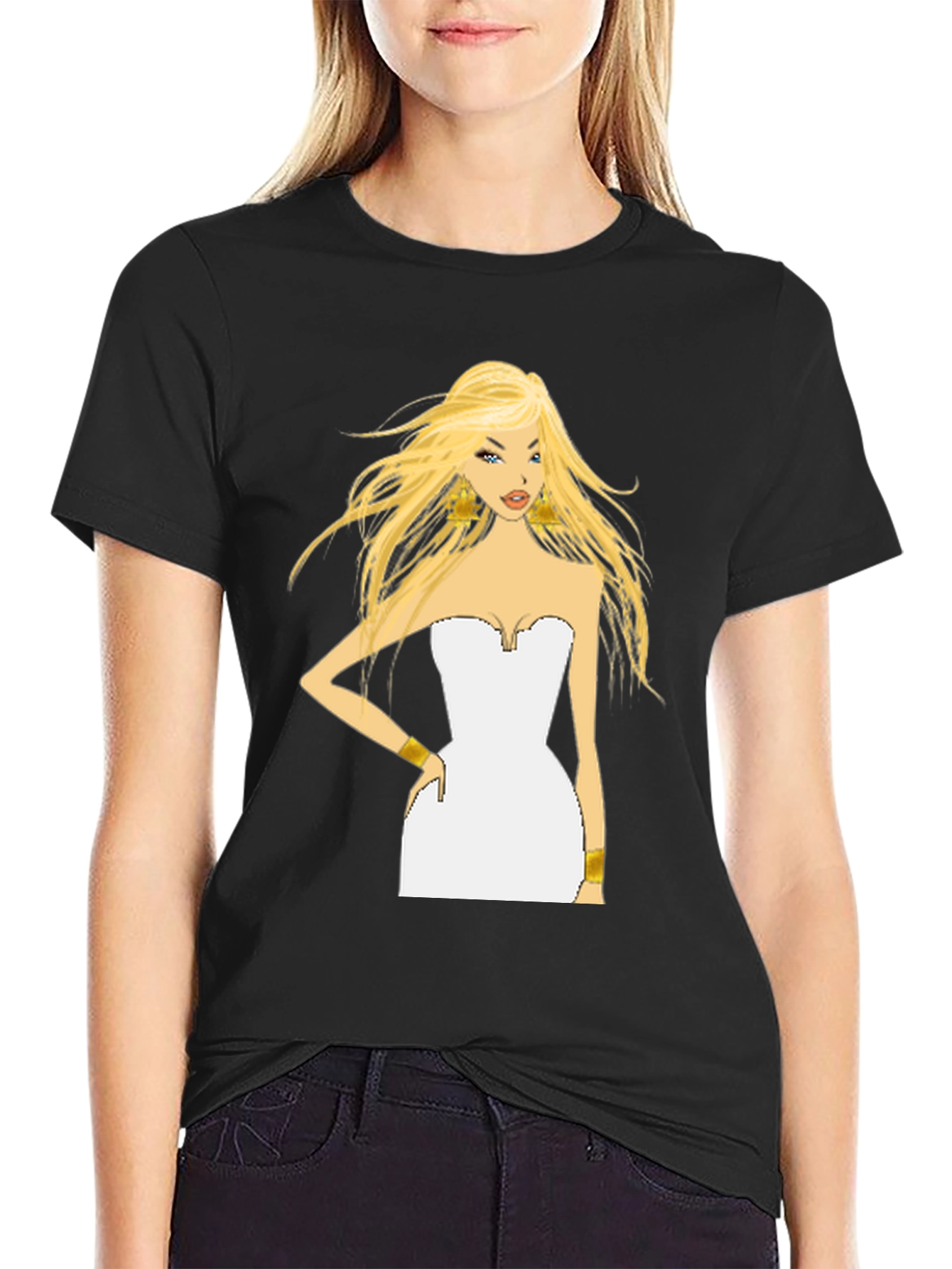 Black Blonde Cartoon Woman Black T-Shirt view 2