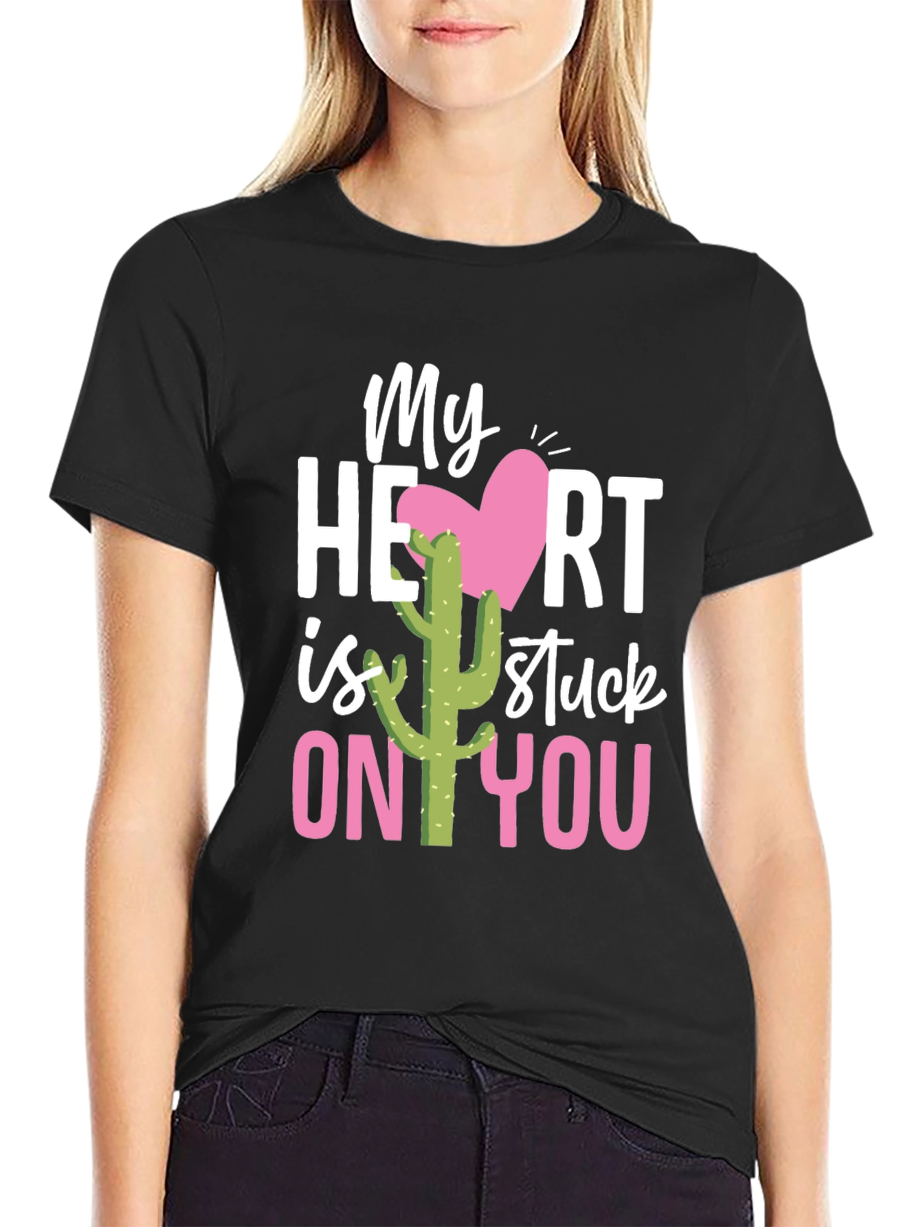 Black Stuck On You Valentine's Day Cactus T-Shirt view 2