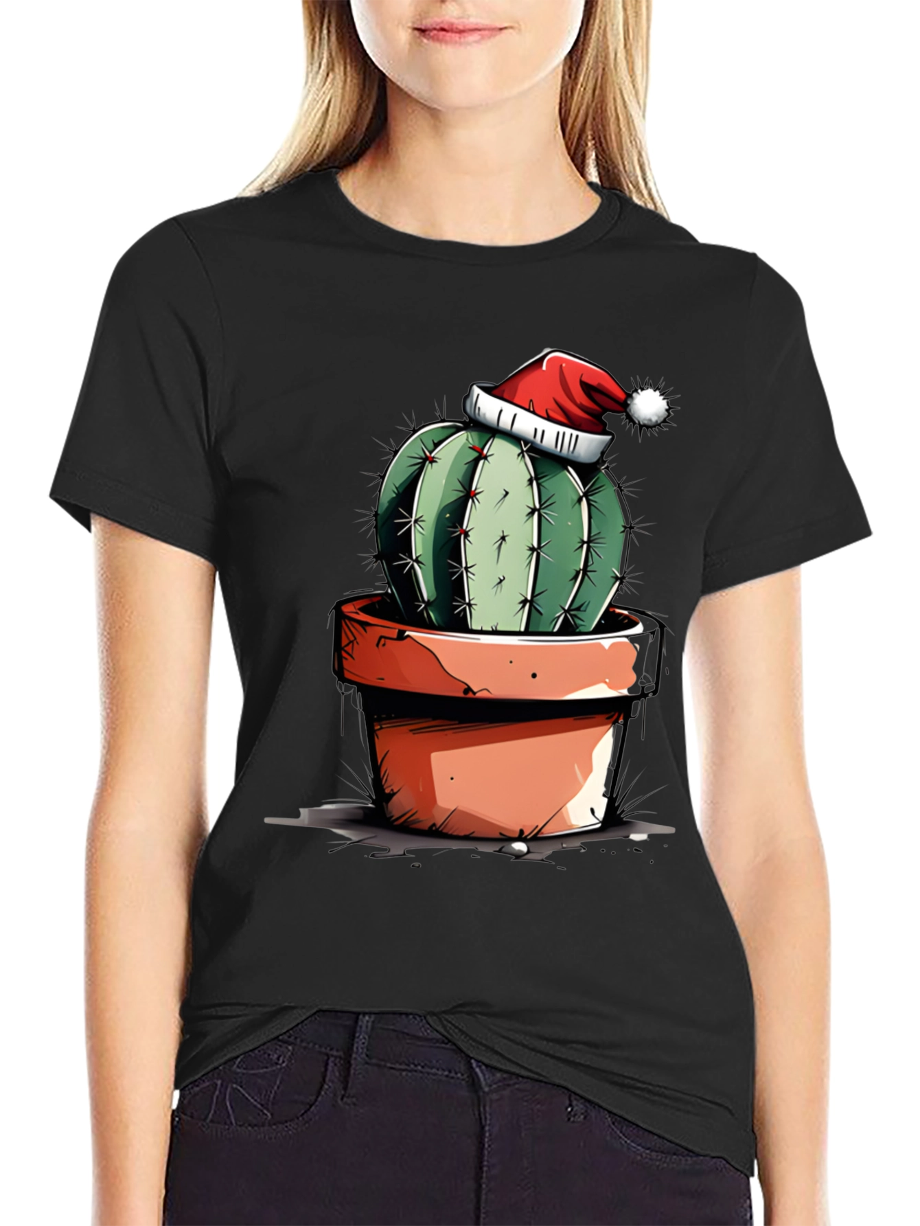 Black Festive Cactus Tee - Holiday Humor Shirt view 2