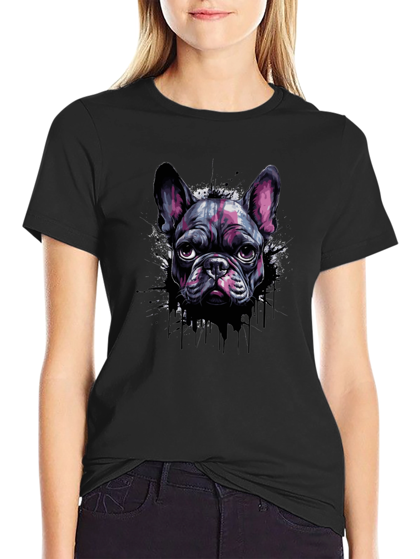 Black Cool French Bulldog Graphic Print Black T-Shirt view 2