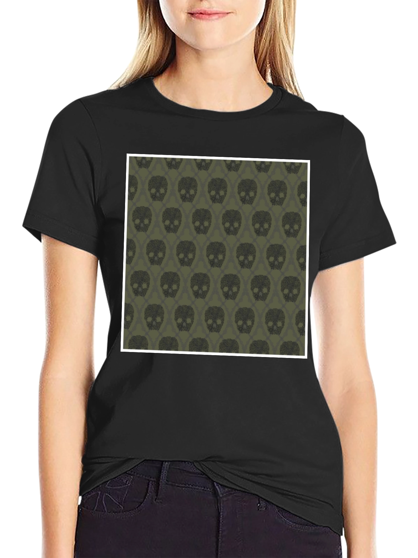 Black Skull Pattern Men's Black T-Shirt view 2