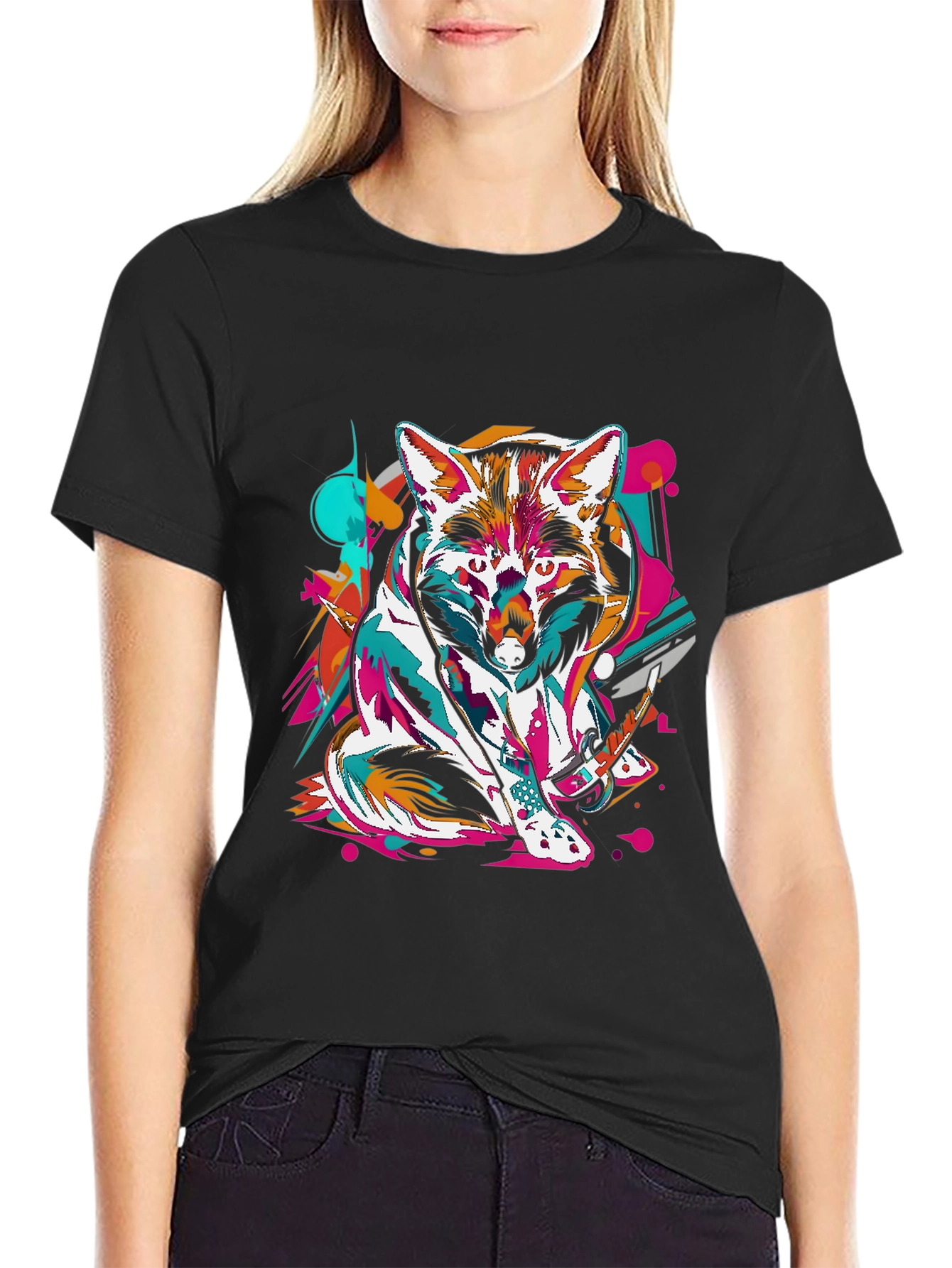 Black Abstract Fox Graphic Black T-Shirt view 2