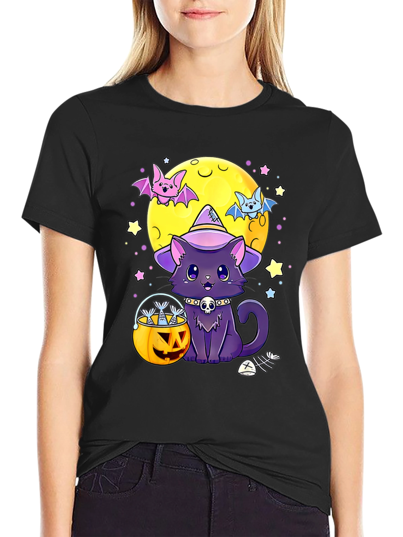 Black Halloween Cat Moon T-Shirt view 2