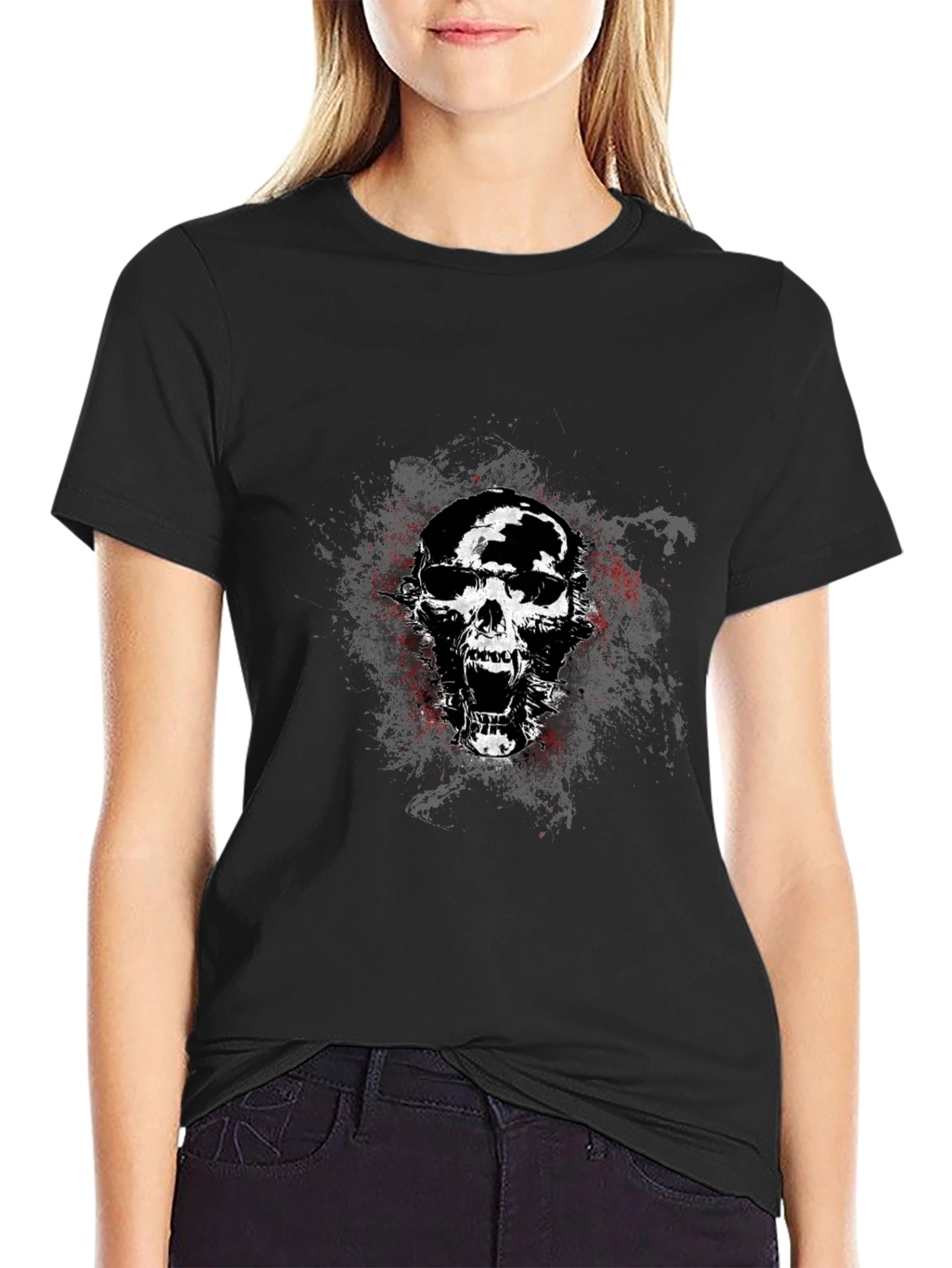 Black Edgy Skull Graphic Tee - Black Cotton Blend T-Shirt view 2