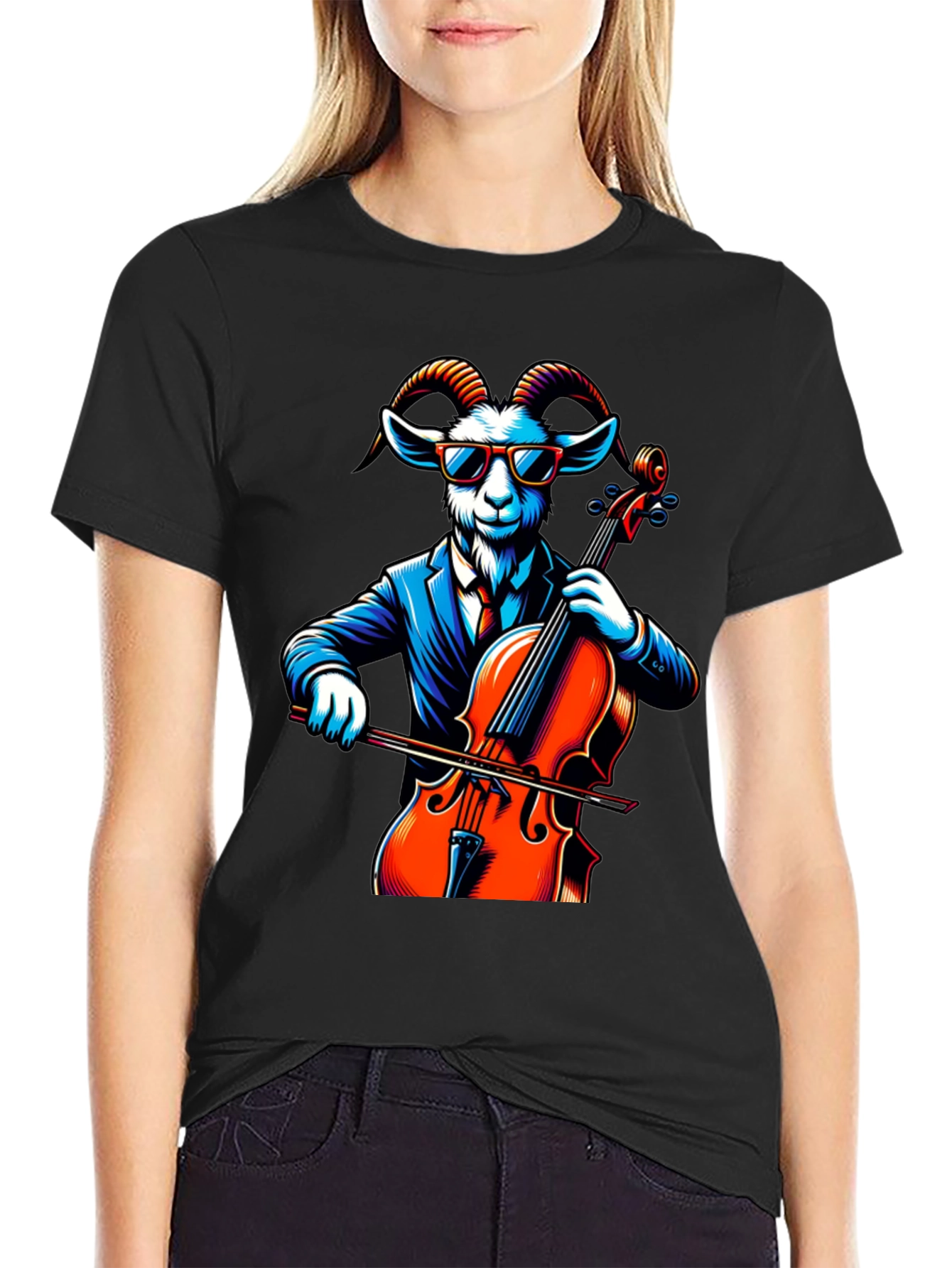 Black Goat Cellist Graphic Tee - Cool Animal Music Lover Shirt view 2