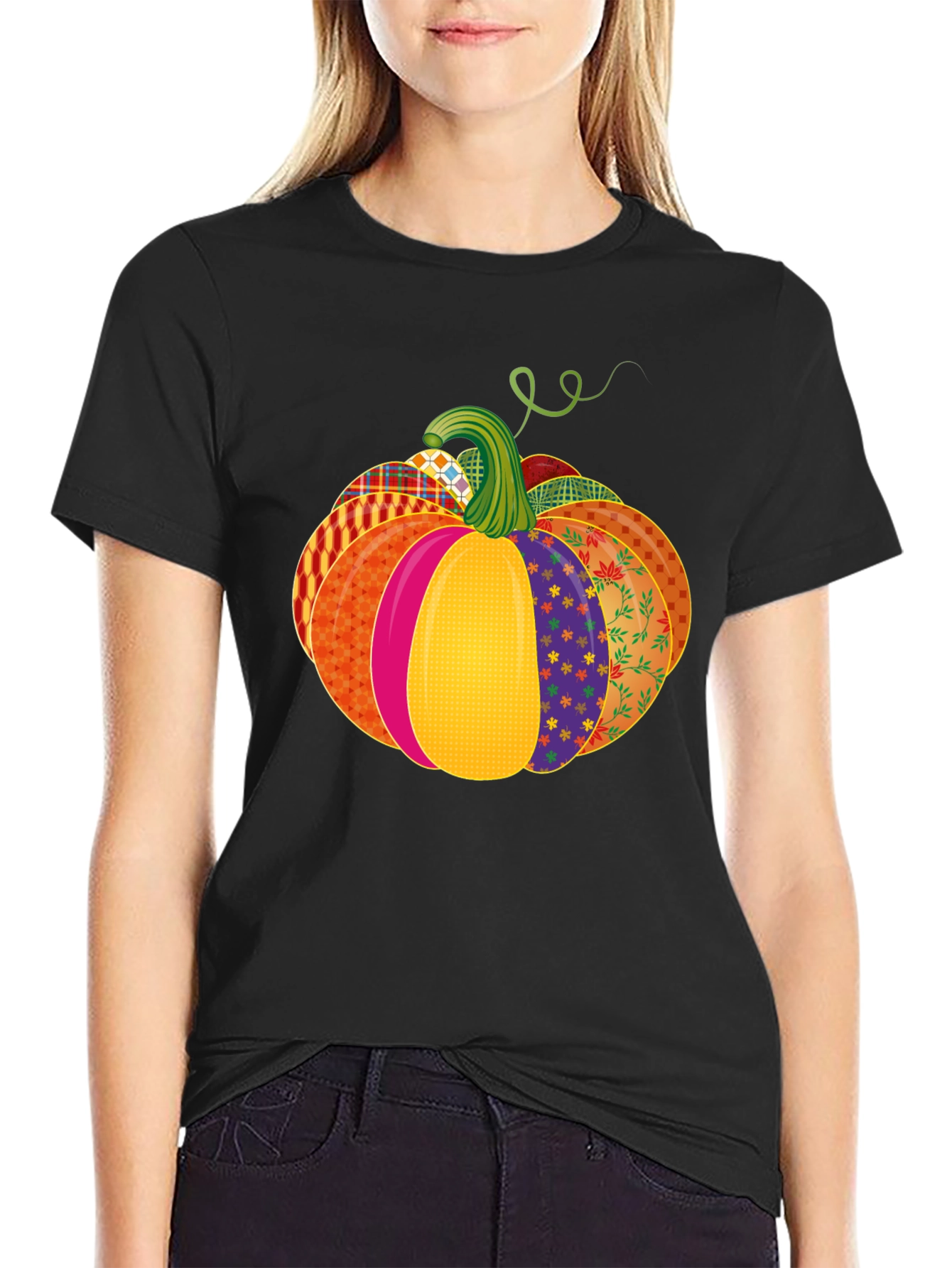 Black Festive Patchwork Pumpkin T-Shirt - Autumn Style view 2