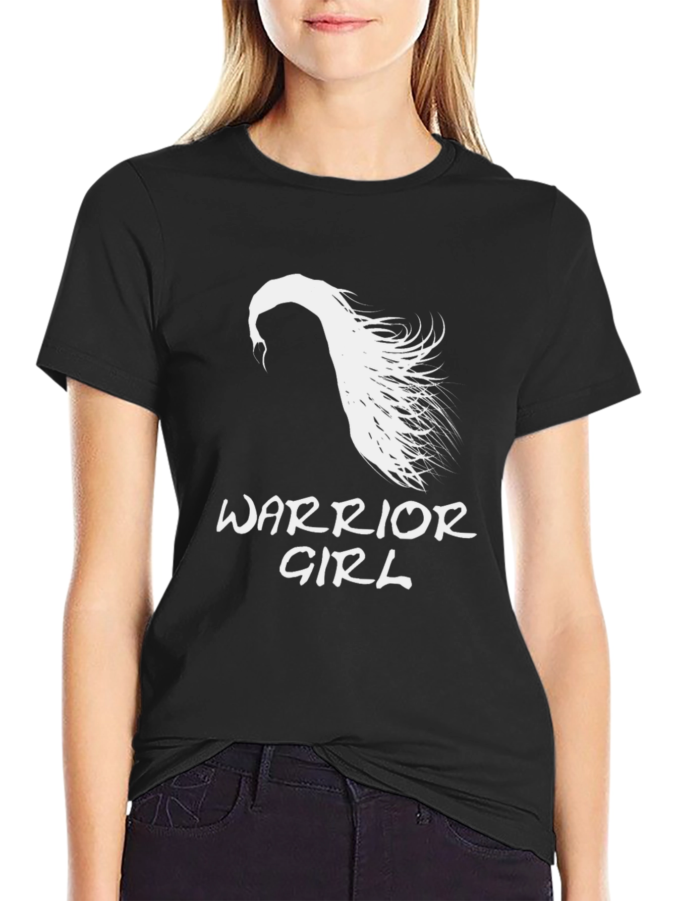 Black Warrior Girl Graphic T-Shirt - Black Cotton Tee view 2