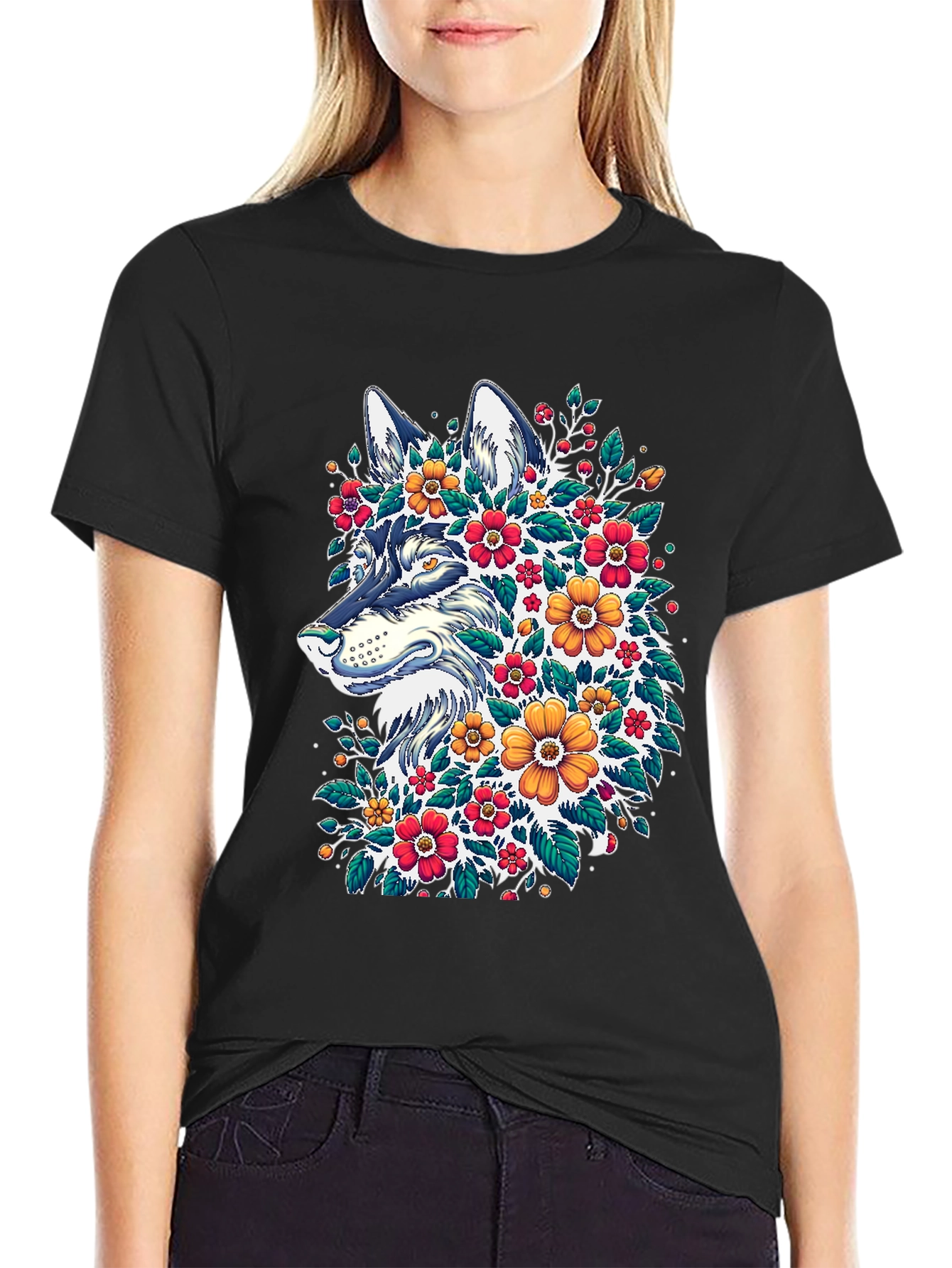 Black Floral Wolf T-Shirt - Artistic Graphic Tee view 2