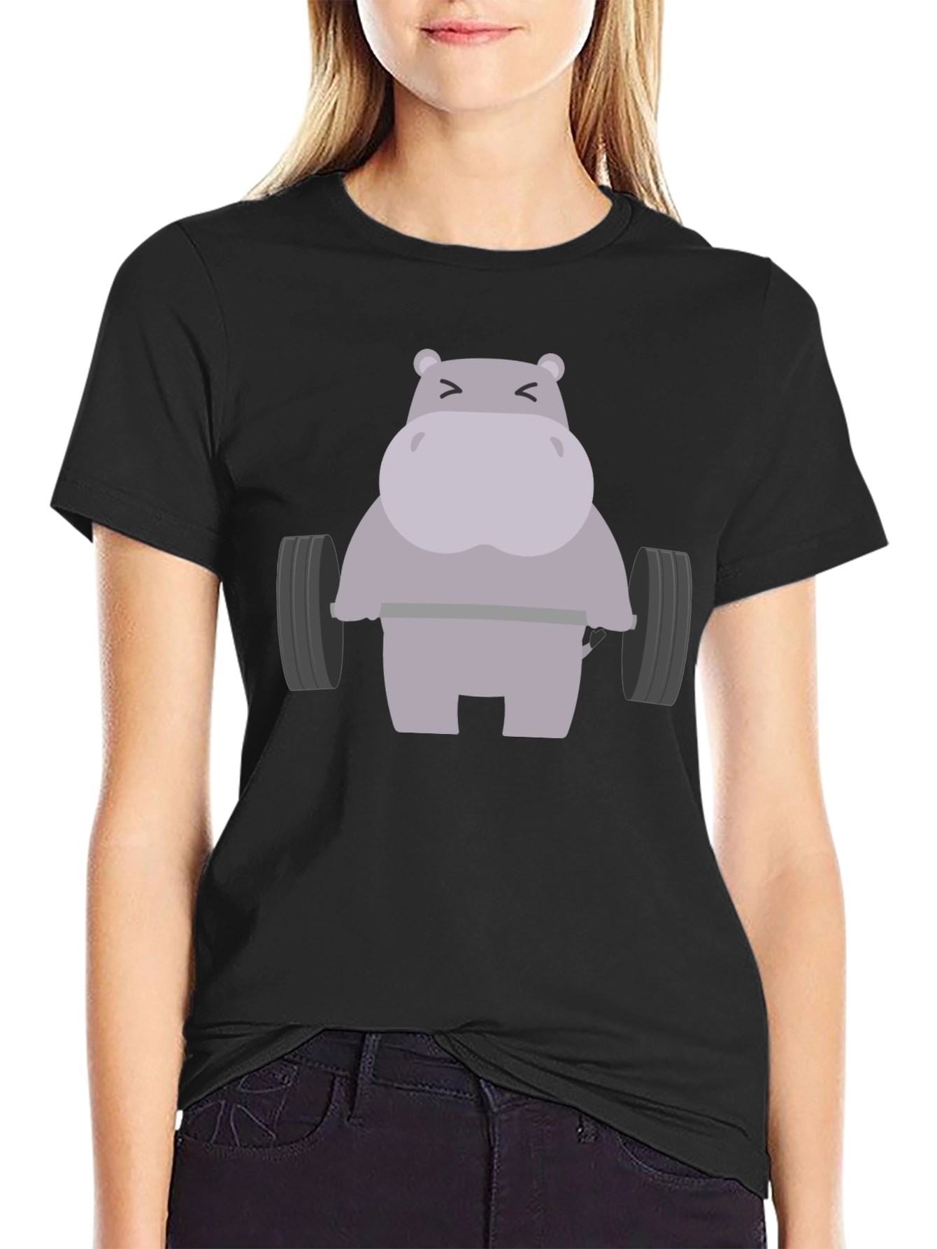 Black Hippo Lifting Weights Graphic T-Shirt - Gym Humor view 2