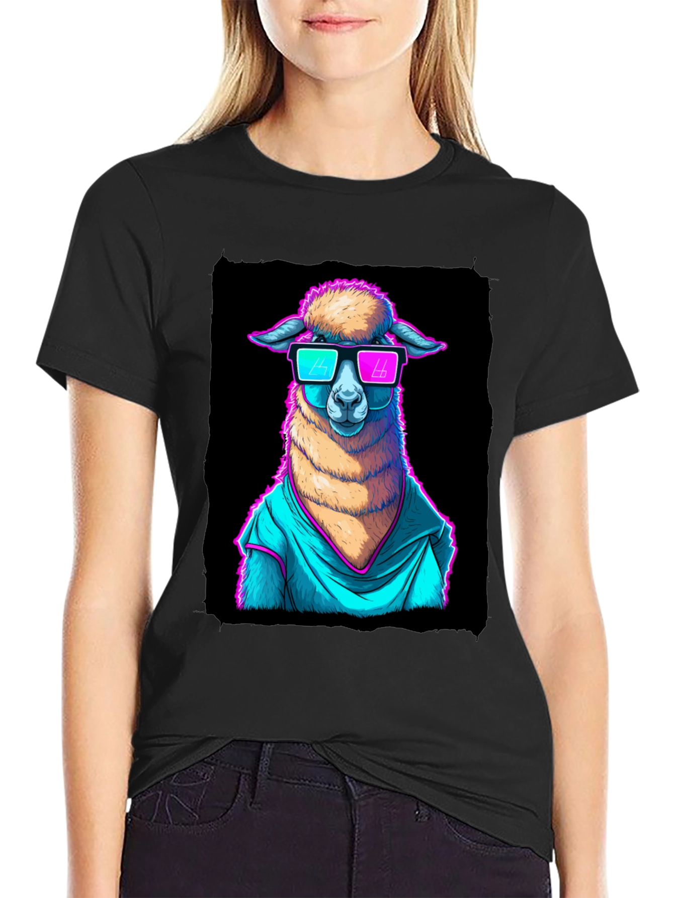 Black Cool Llama Graphic Tee - Retro Style view 2