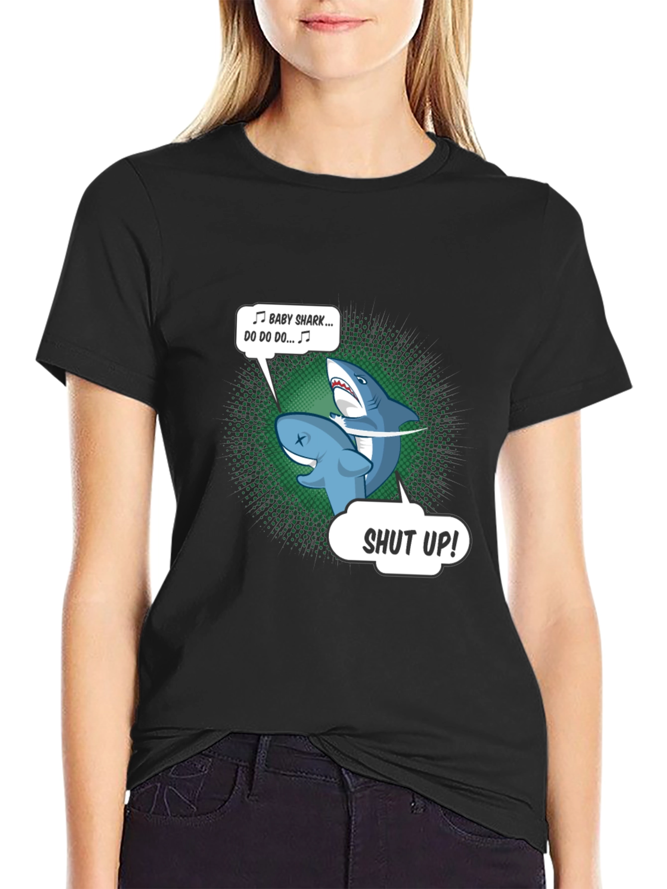 Black Baby Shark Shut Up Men's Black T-Shirt view 2