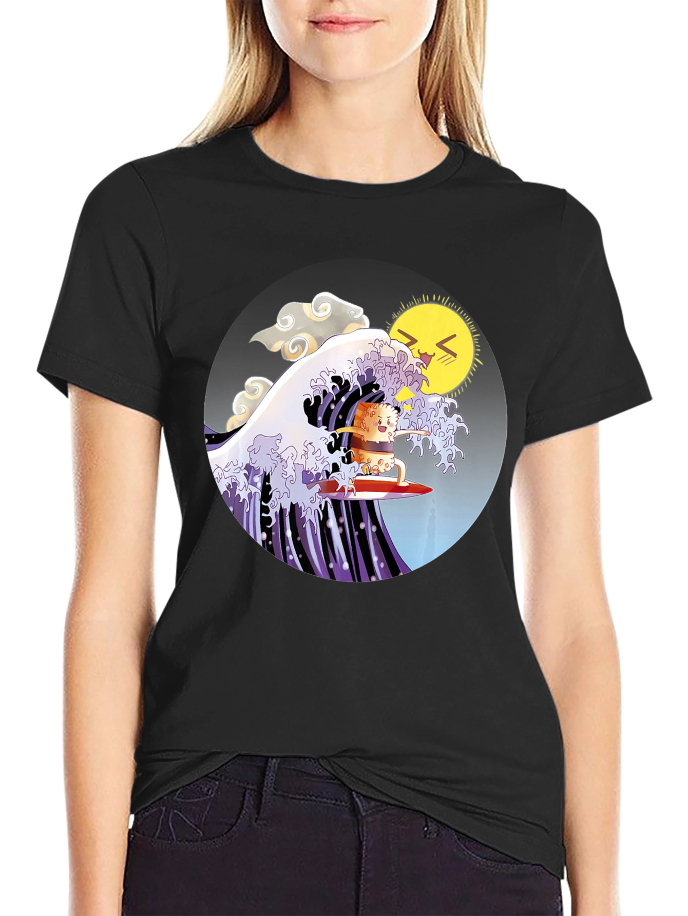Black Sushi Surfer T-Shirt - Kawaii Wave Design view 2