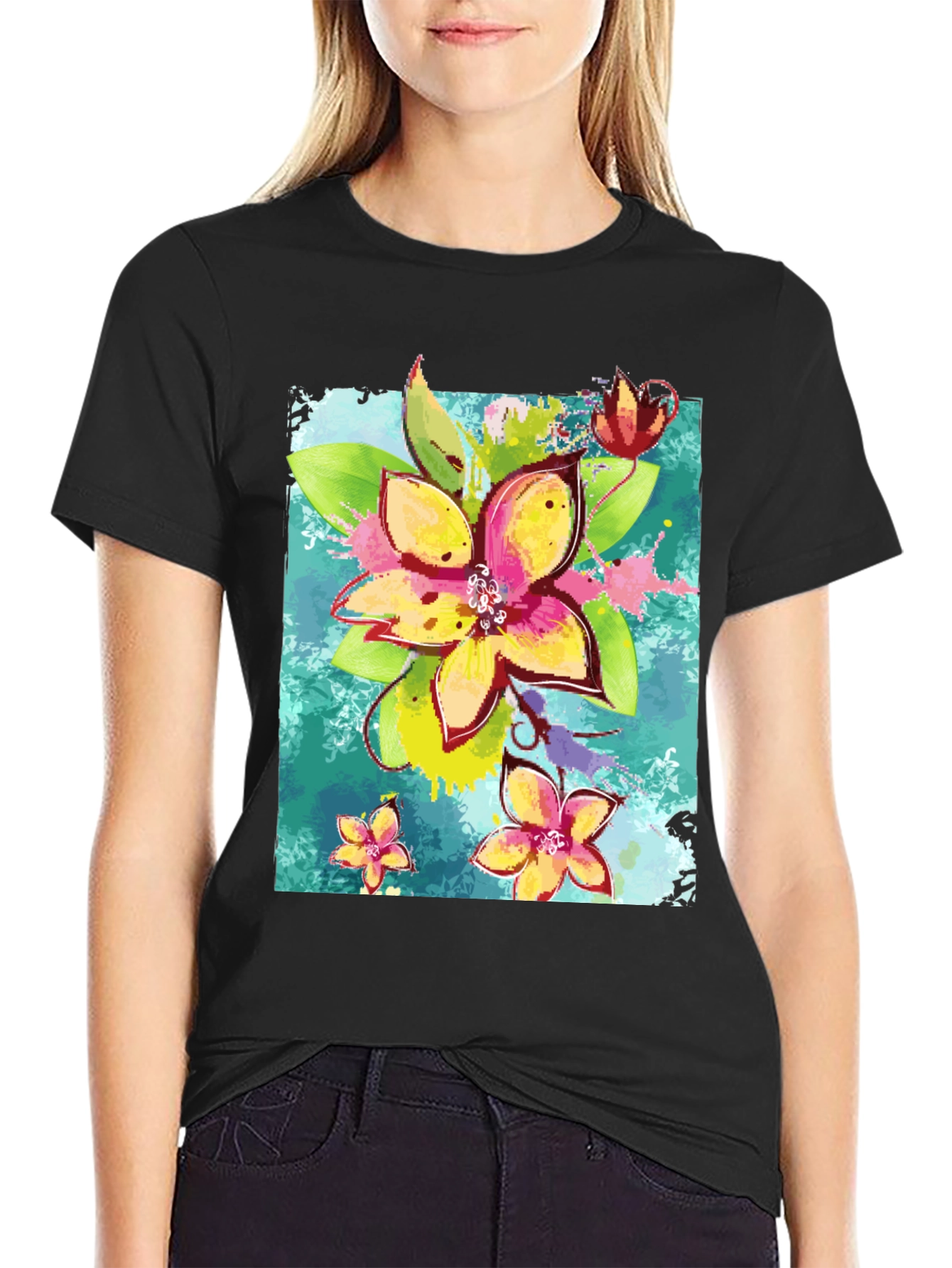 Black Floral Print Men's Black T-Shirt view 2