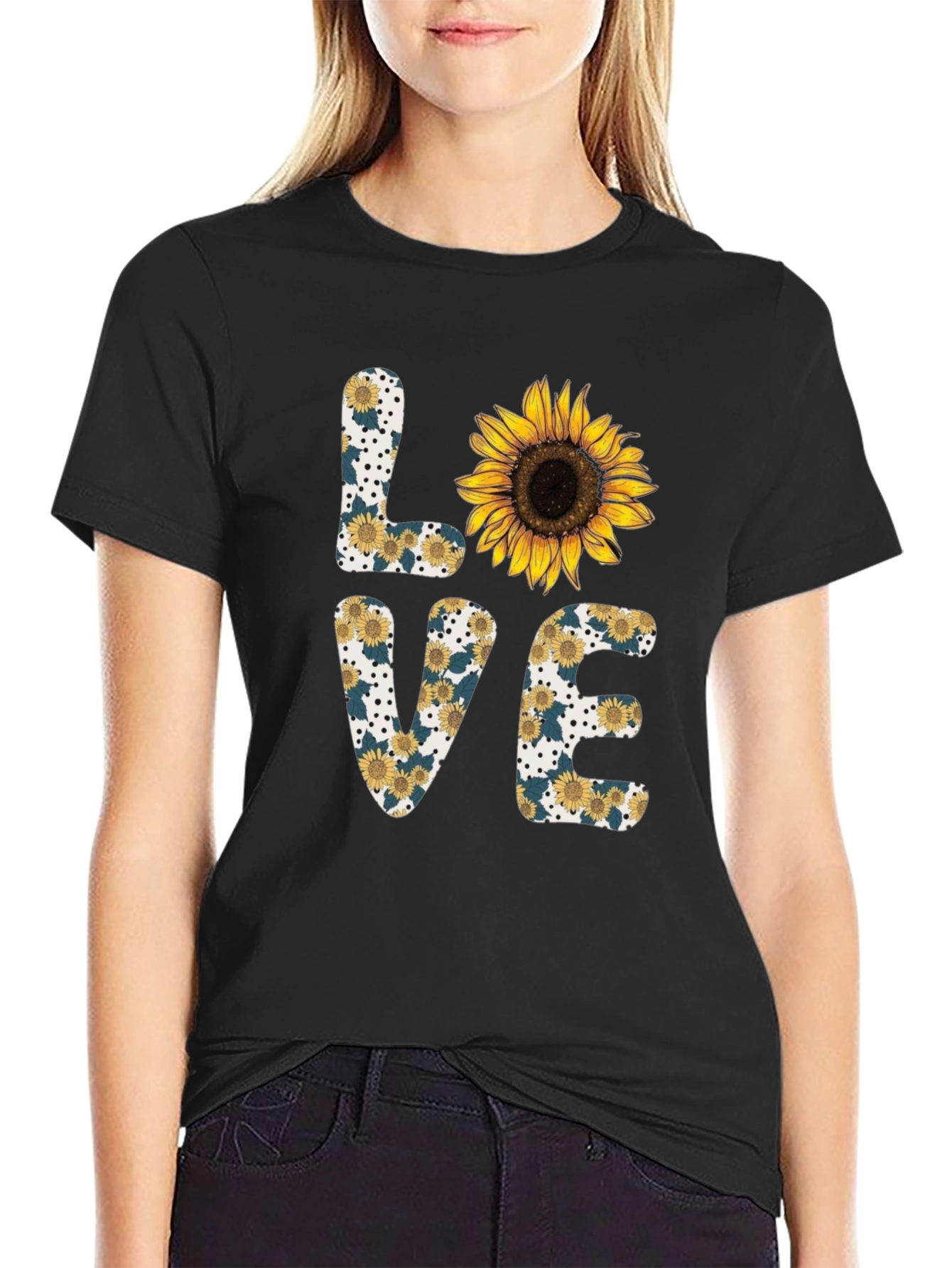 Black Sunflower Love Graphic Tee - Black Cotton Blend Shirt view 2