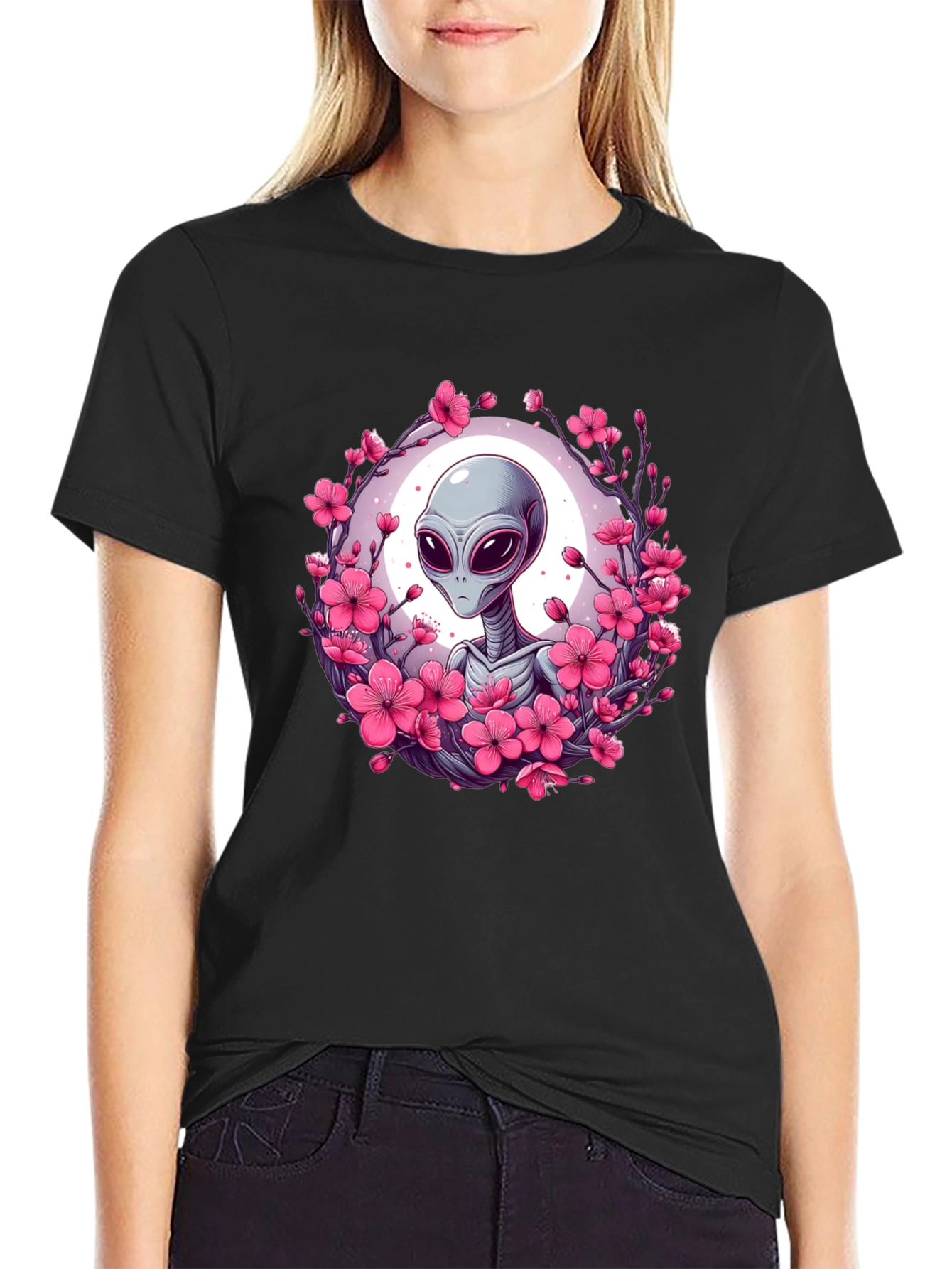 Black Alien in Cherry Blossoms Graphic Tee - Black view 2