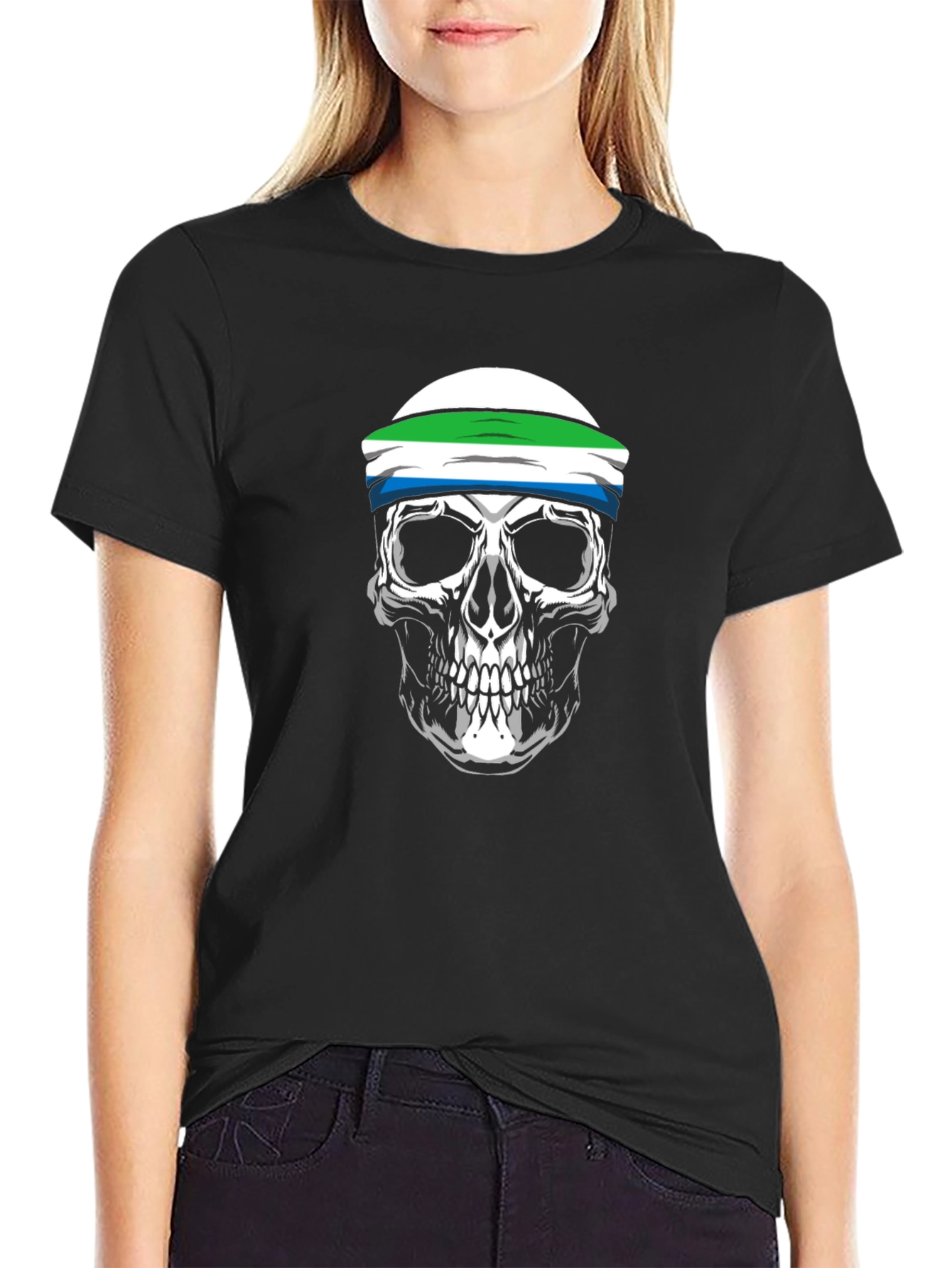 Black Sierra Leone Flag Skull T-Shirt view 2