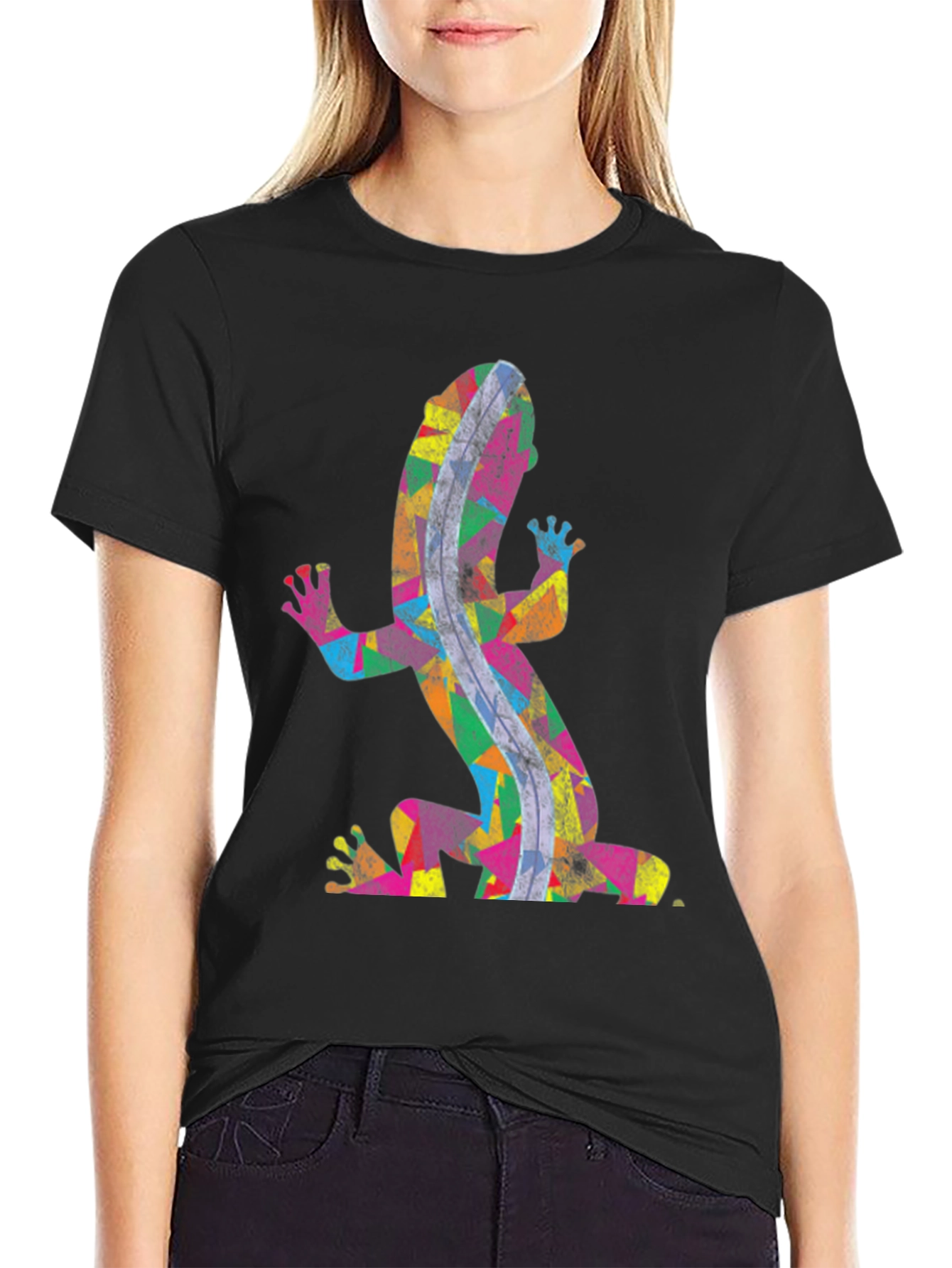 Black Colorful Gecko Print Black T-Shirt view 2