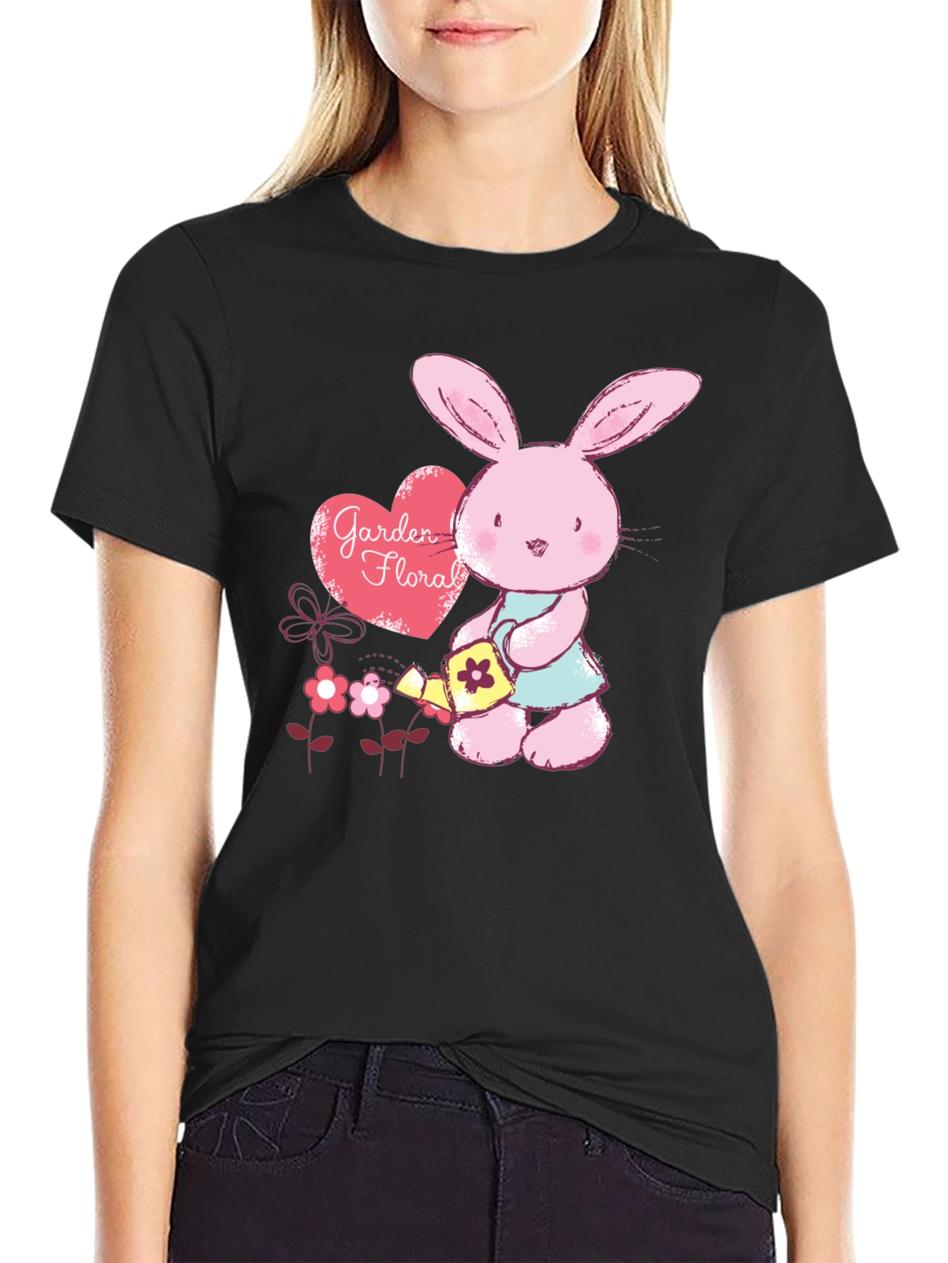Black Cute Bunny Gardener T-Shirt - Floral Garden Design view 2