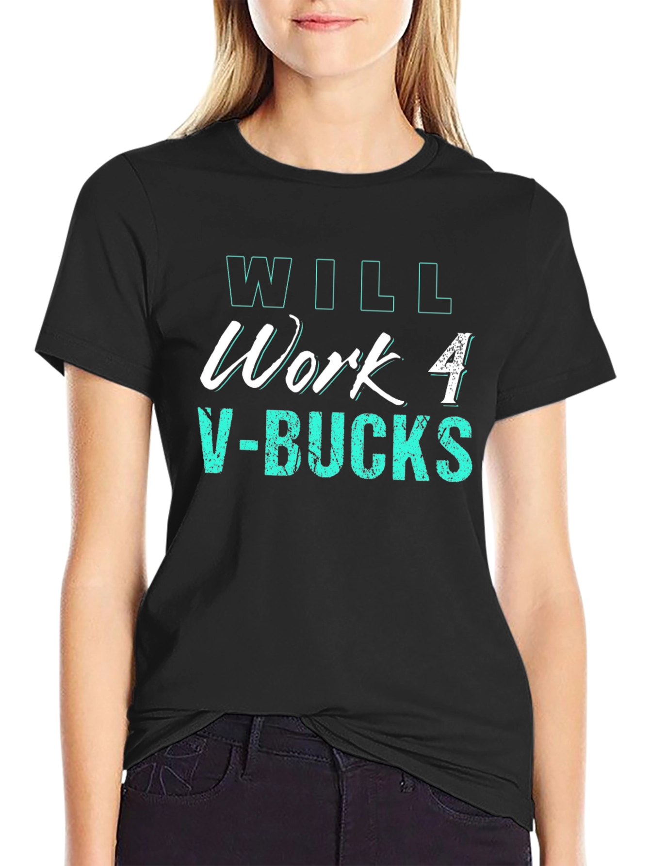 Black Will Work 4 V-Bucks Black Tee - Gamer Gift view 2