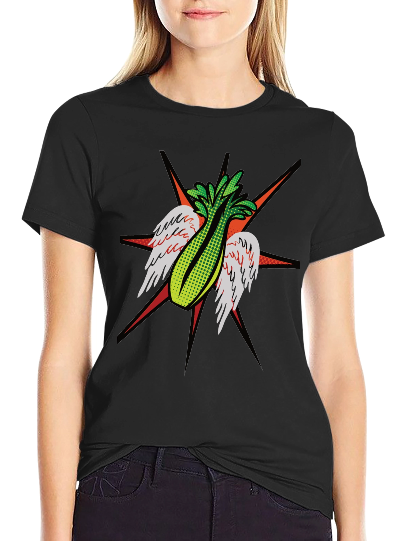 Black Winged Celery Graphic Tee - Quirky Black T-Shirt view 2