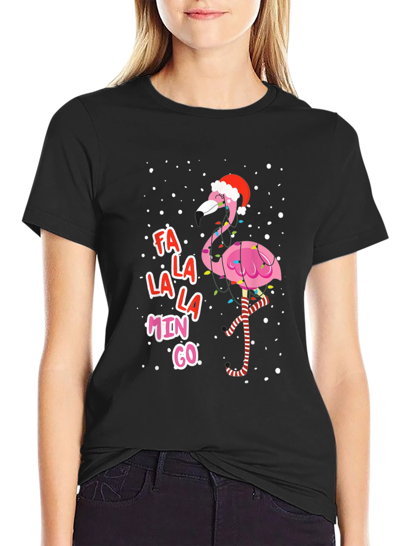 Black Festive Flamingo Christmas Tee - Fa La La La Mingo! view 2
