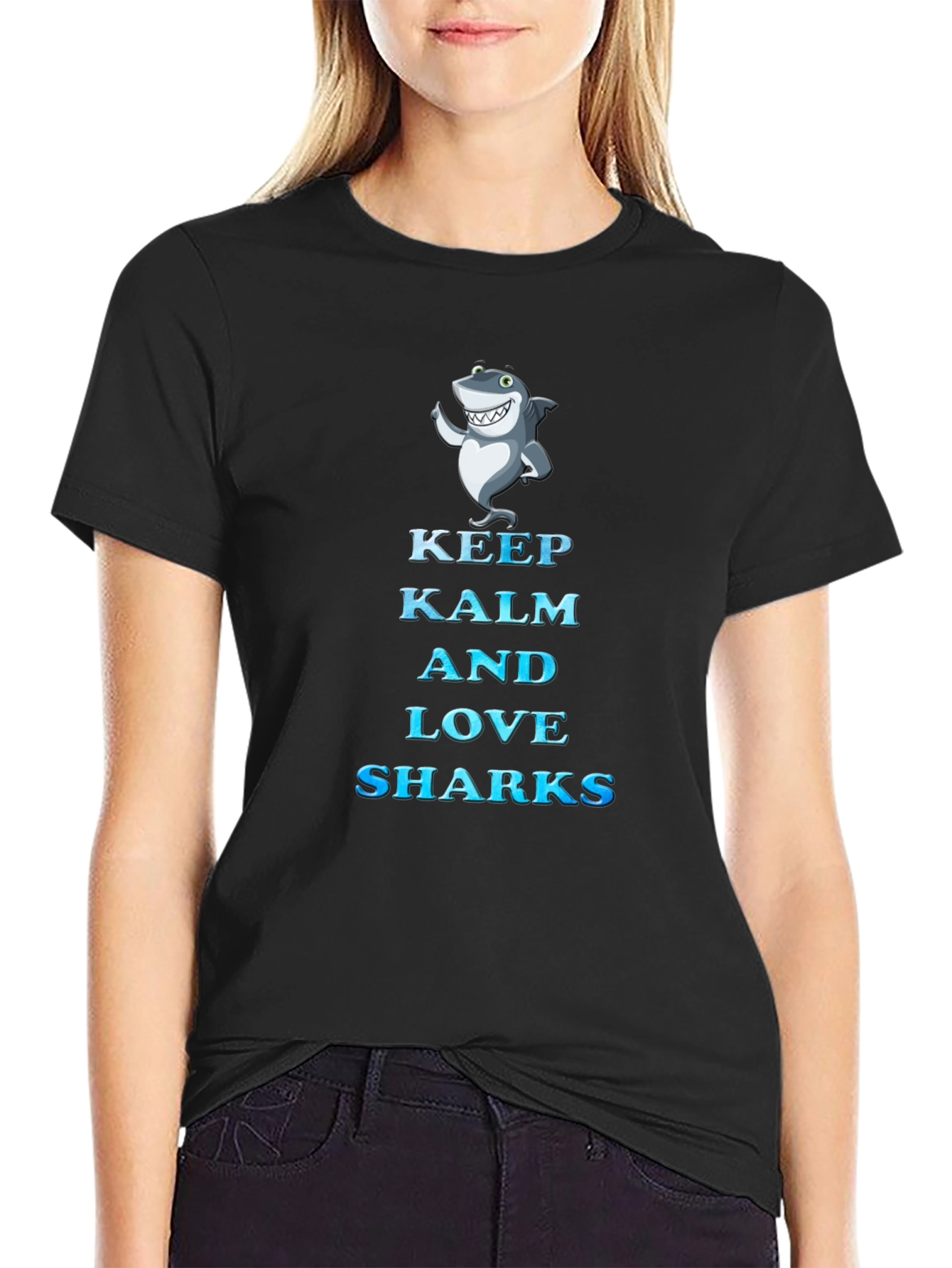 Black Keep Kalm and Love Sharks T-Shirt view 2