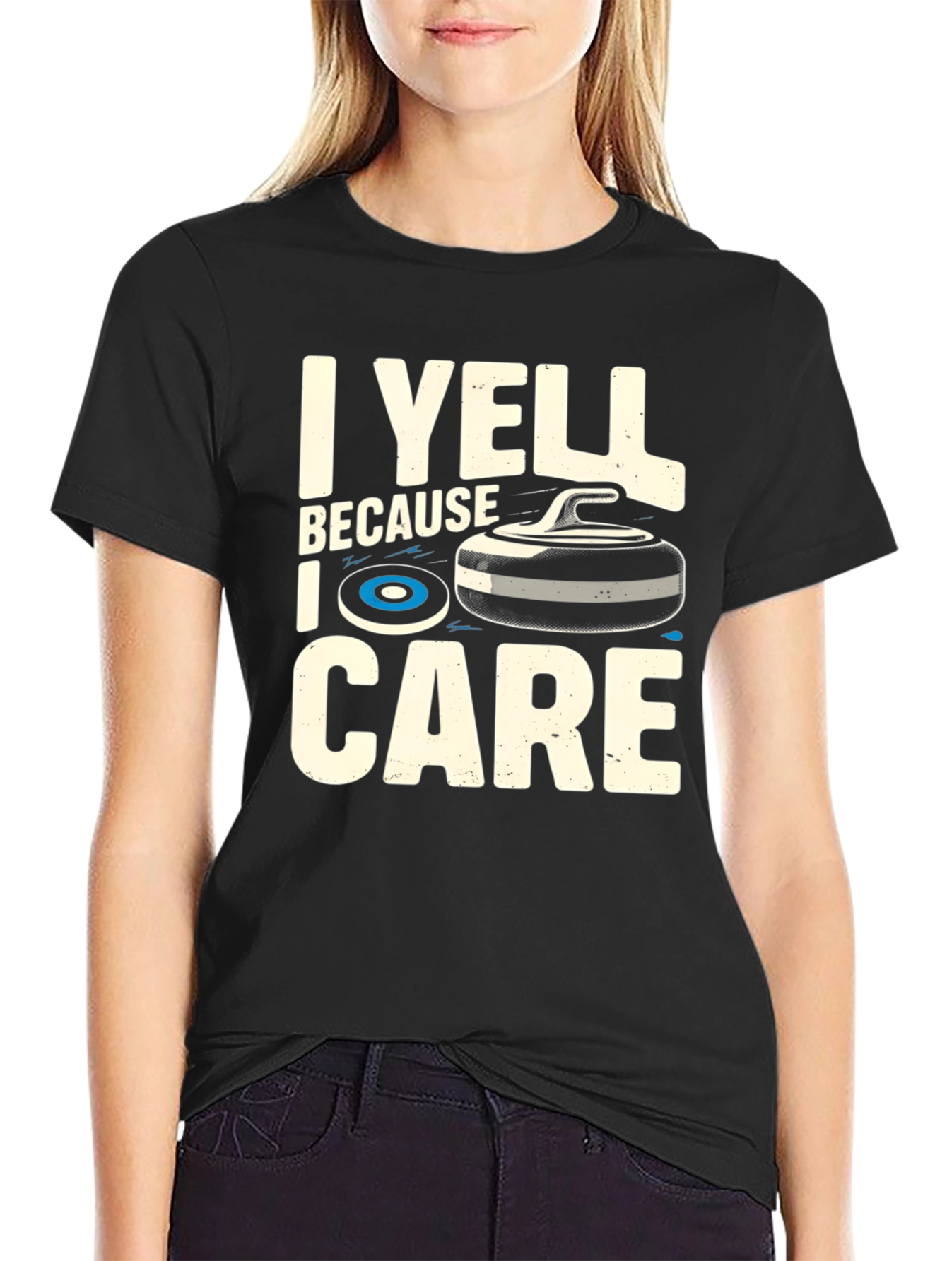 Black I Yell Because I Care Curling T-Shirt view 2